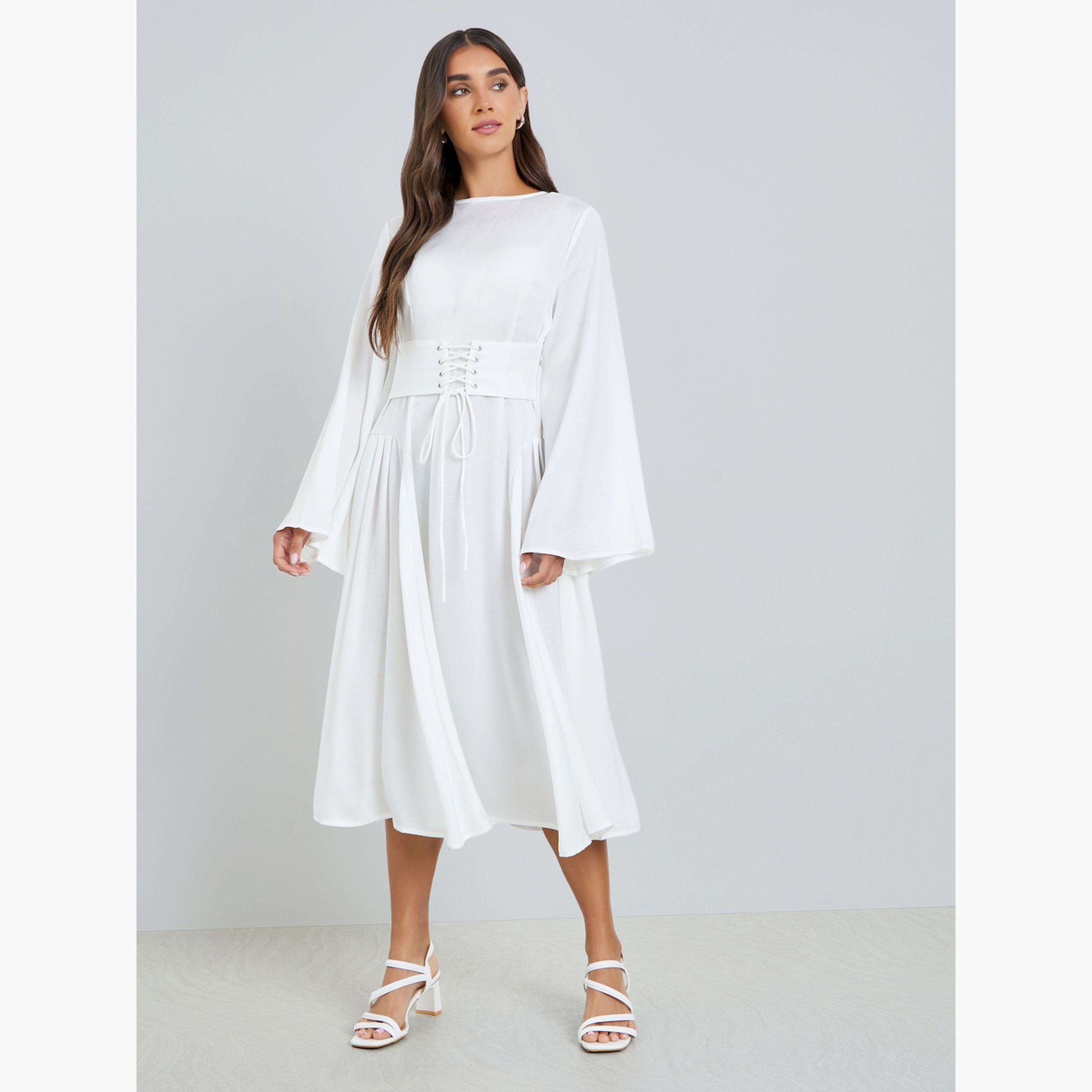 Styli Women Off-White Long Sleeves A-Line Midi Dress-women-clothing-dresses-image-4