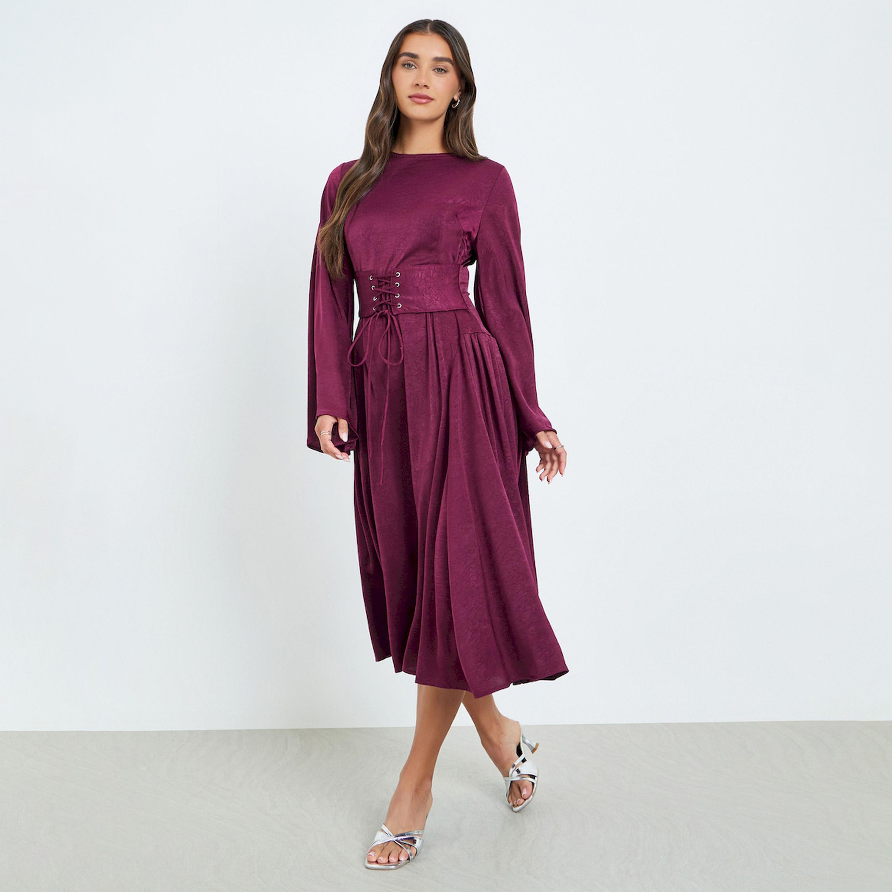 Styli Women Burgundy Long Sleeves A-Line Midi Dress-women-clothing-dresses-image-1