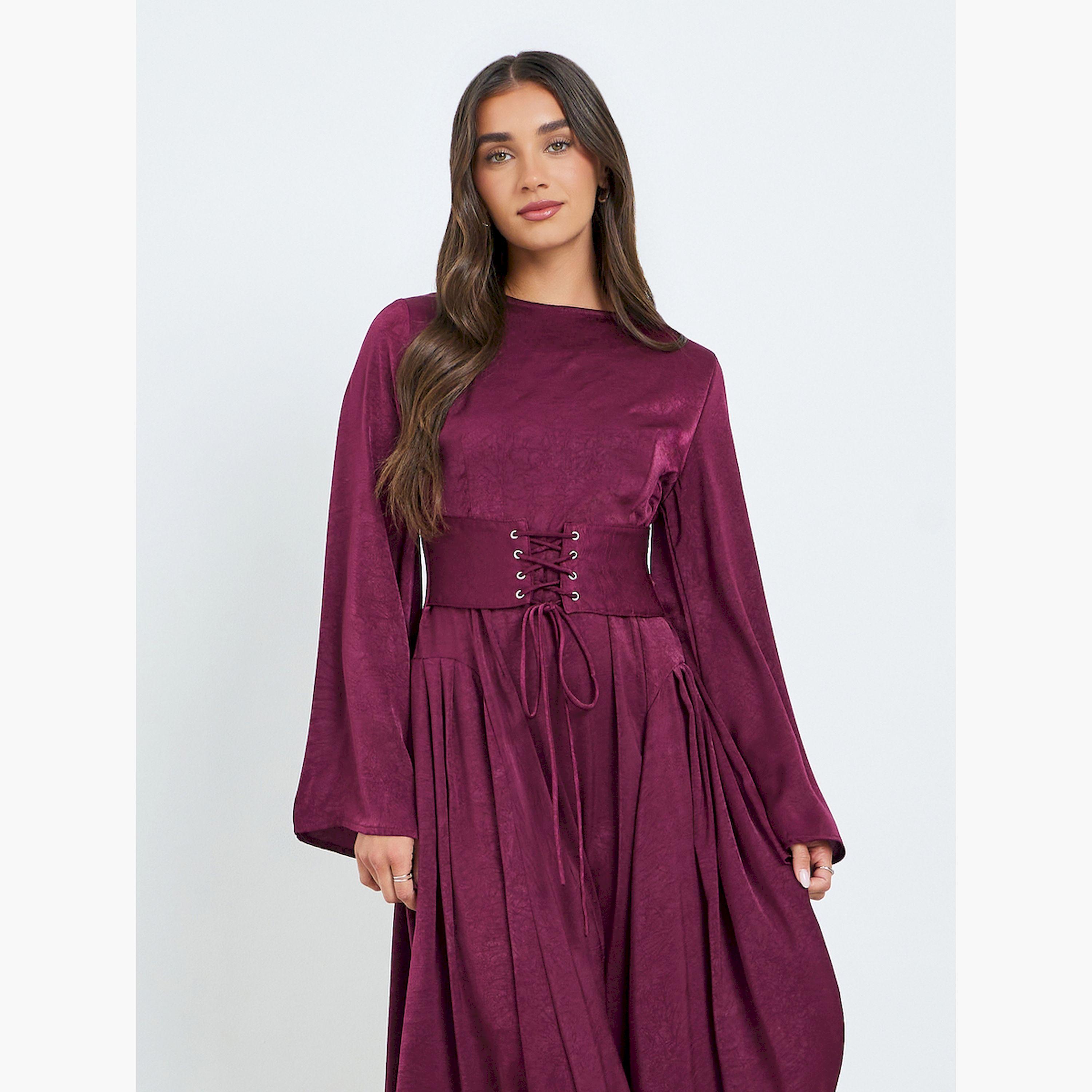 Styli Women Burgundy Long Sleeves A-Line Midi Dress-women-clothing-dresses-image-2