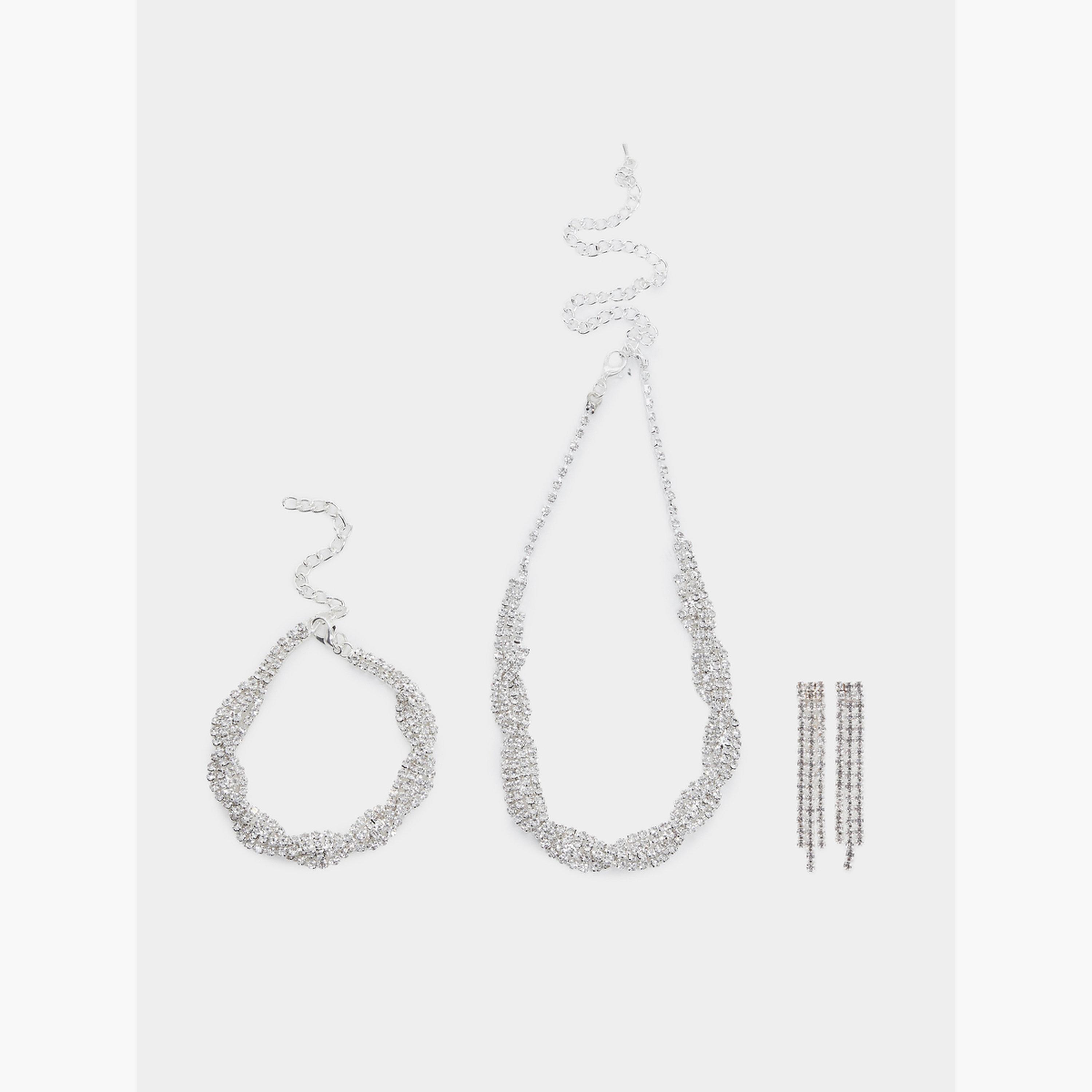Styli Silver Diamante Necklace and Bracelet with Earrings-women-watchesandjewellery-jewellery-jewellerysets-image-1