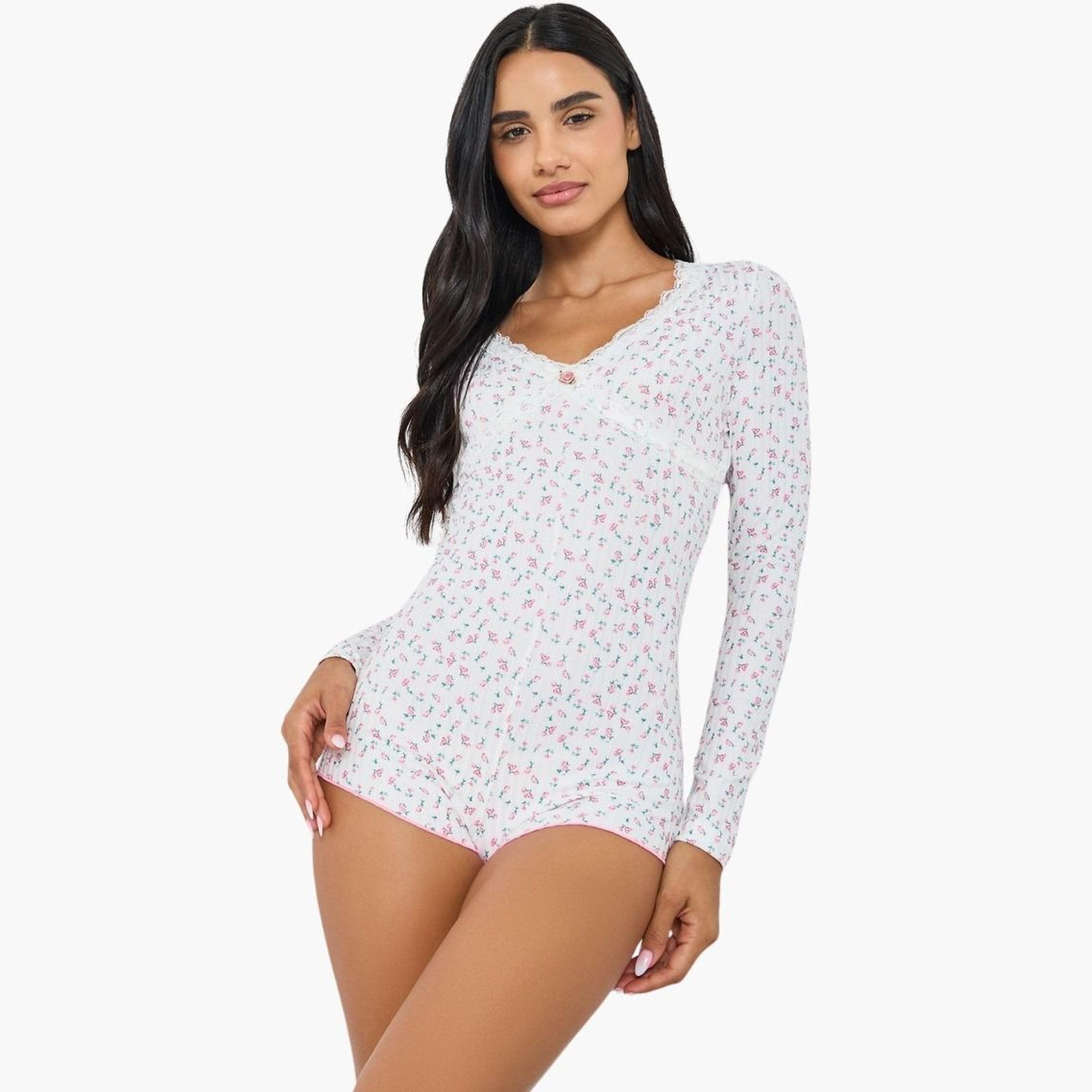 بودي سوت بأكمام كاملة ونقشة بوينتيل وطبعة زهور-women-clothing-lingerie-babydollsandbodysuits-image-1