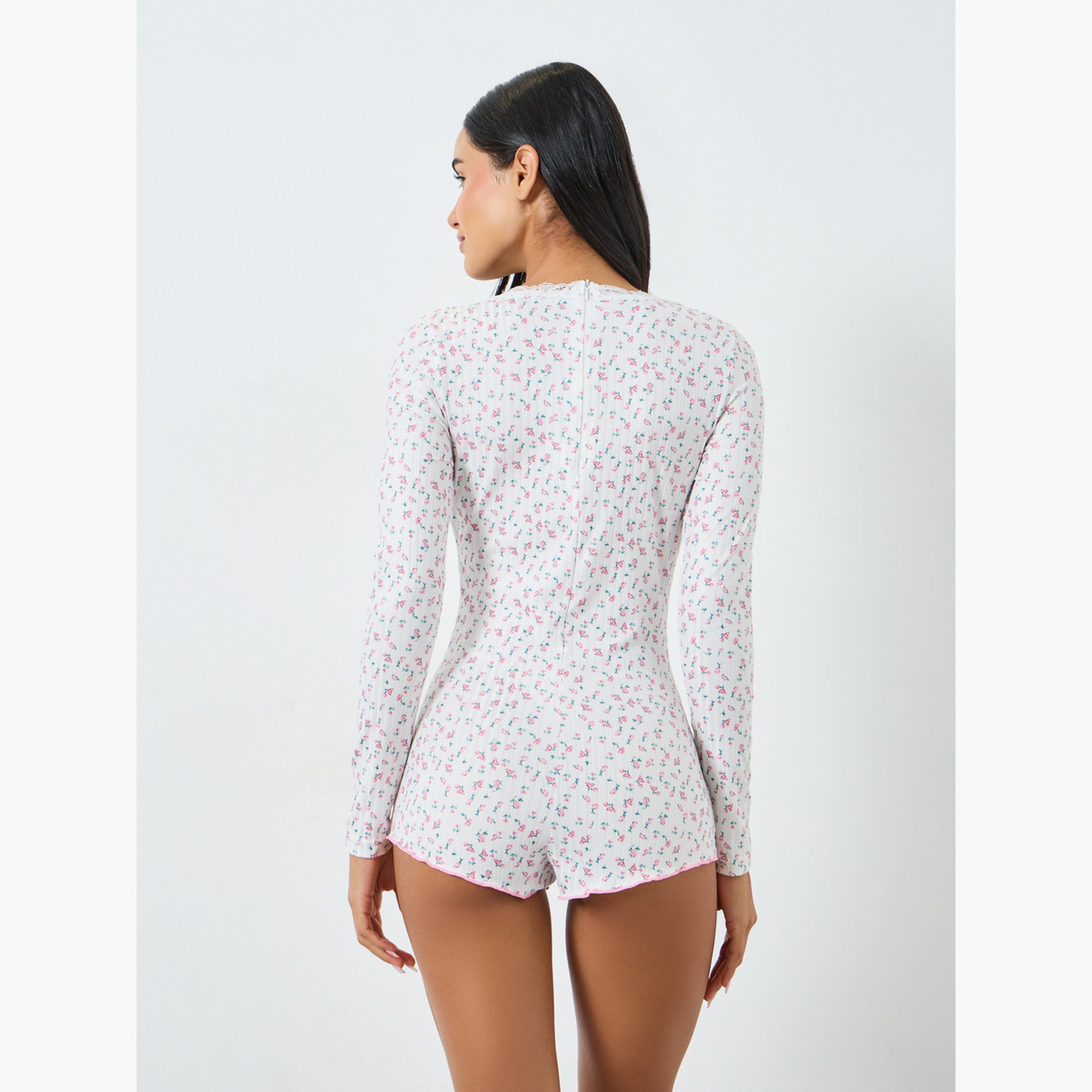Styli Floral Printed Pointelle Full Sleeve Teddy-women-clothing-lingerie-babydollsandbodysuits-image-4