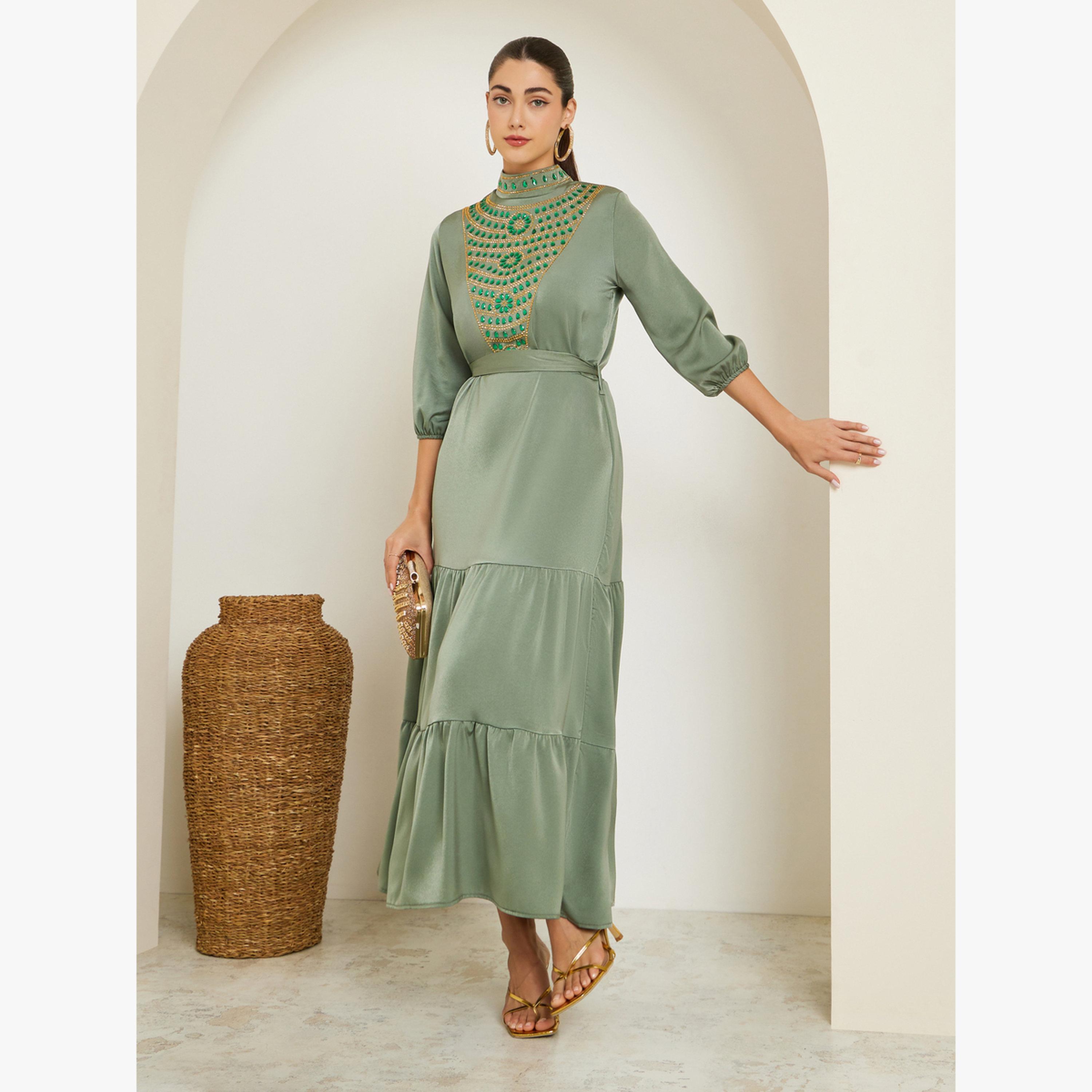 Styli Green Embellished Belted A-Line Maxi Dress-women-clothing-dresses-image-1