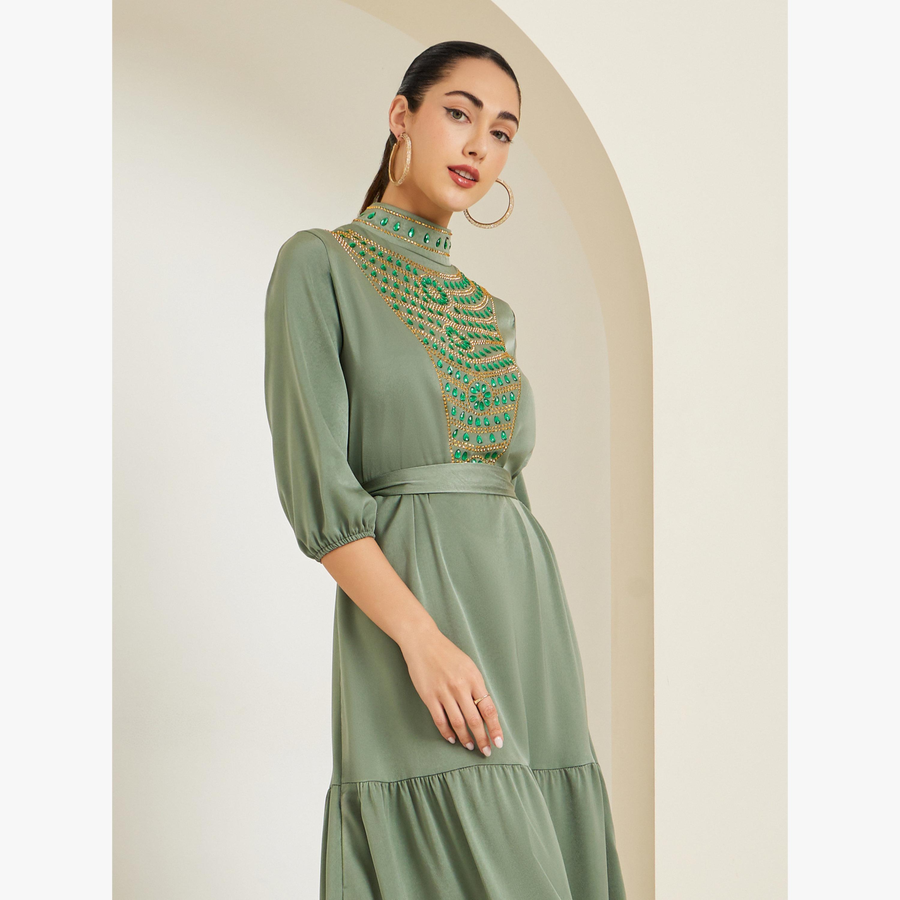 Styli Green Embellished Belted A-Line Maxi Dress-women-clothing-dresses-image-2