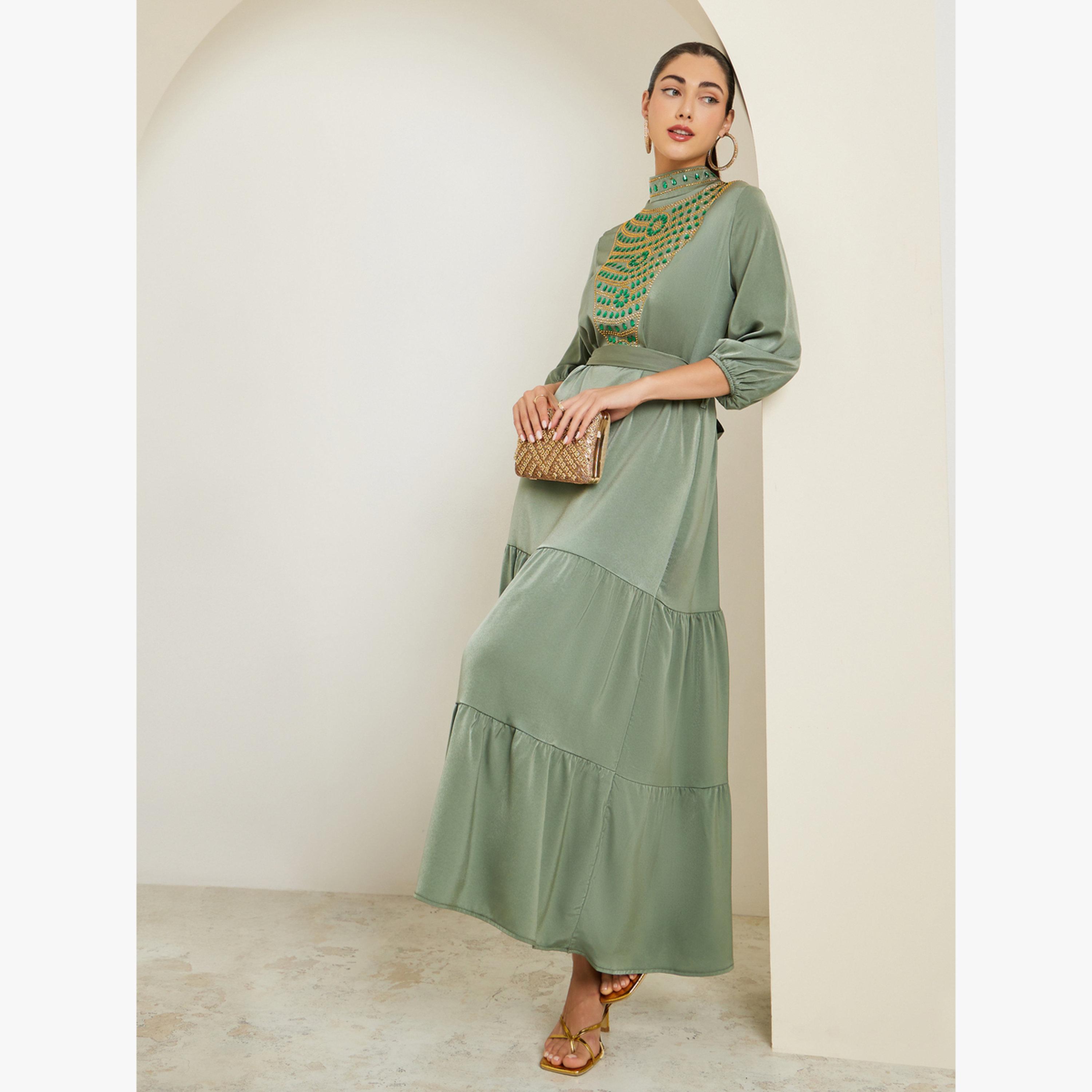 Styli Green Embellished Belted A-Line Maxi Dress-women-clothing-dresses-image-3