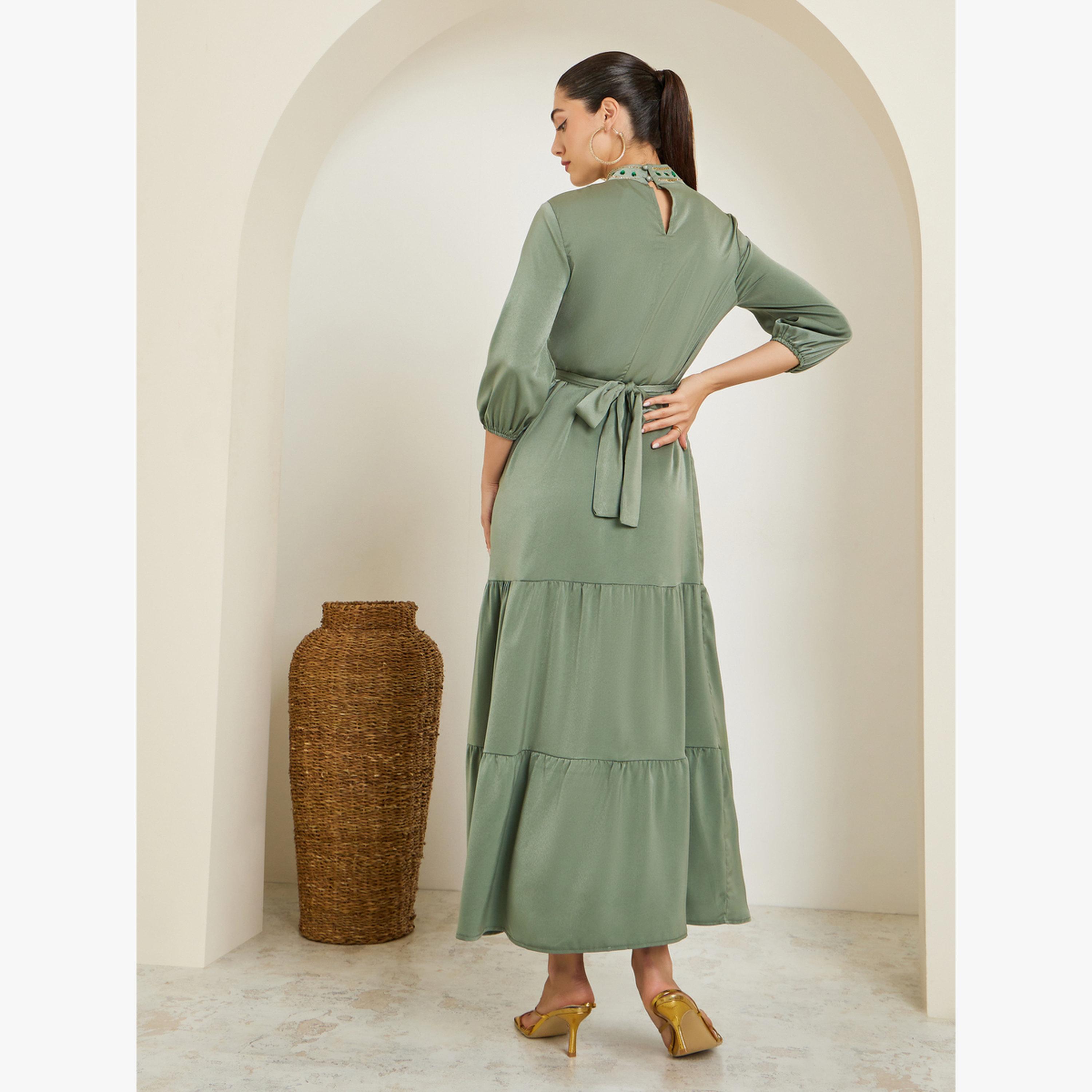 Styli Green Embellished Belted A-Line Maxi Dress-women-clothing-dresses-image-4
