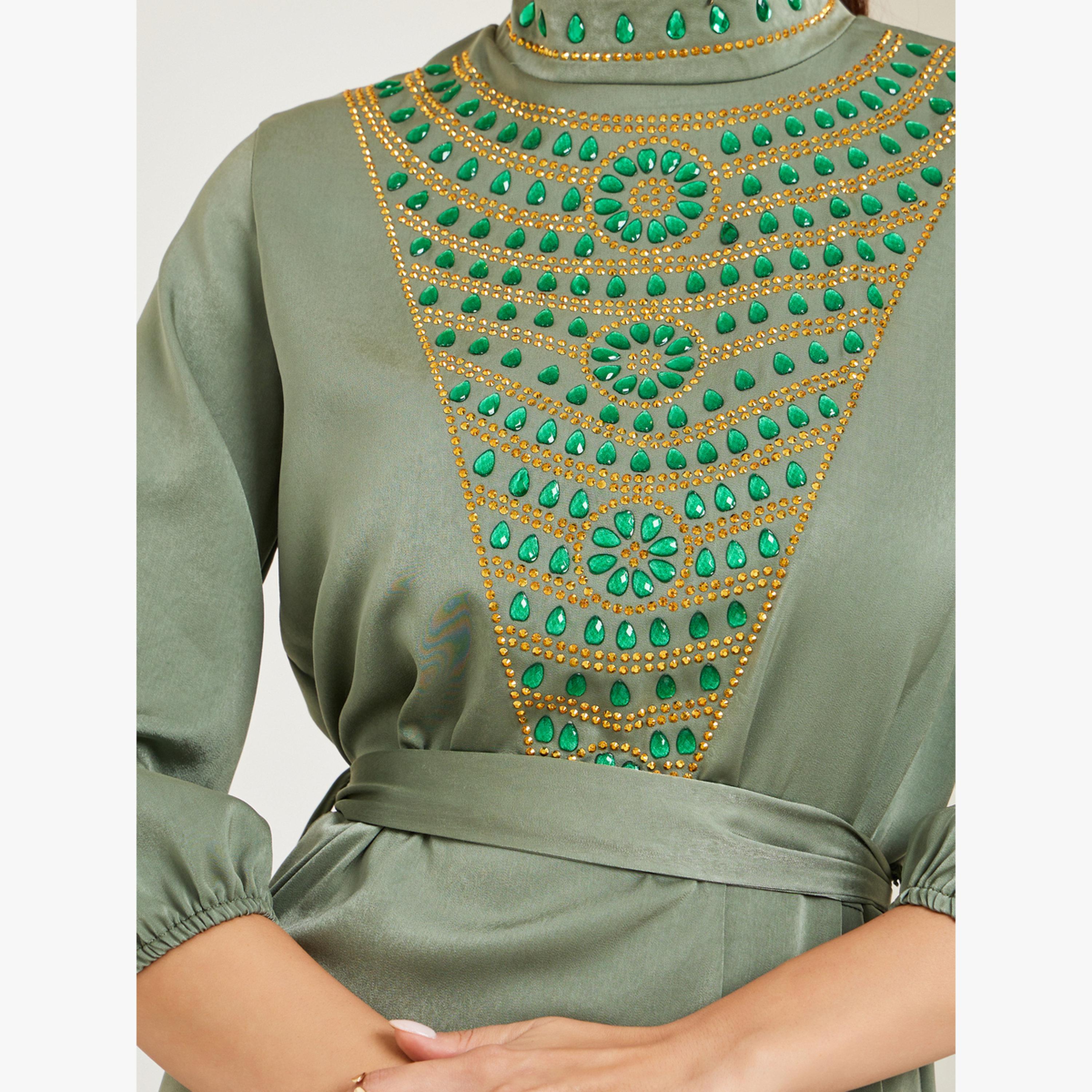 Styli Green Embellished Belted A-Line Maxi Dress-women-clothing-dresses-image-5