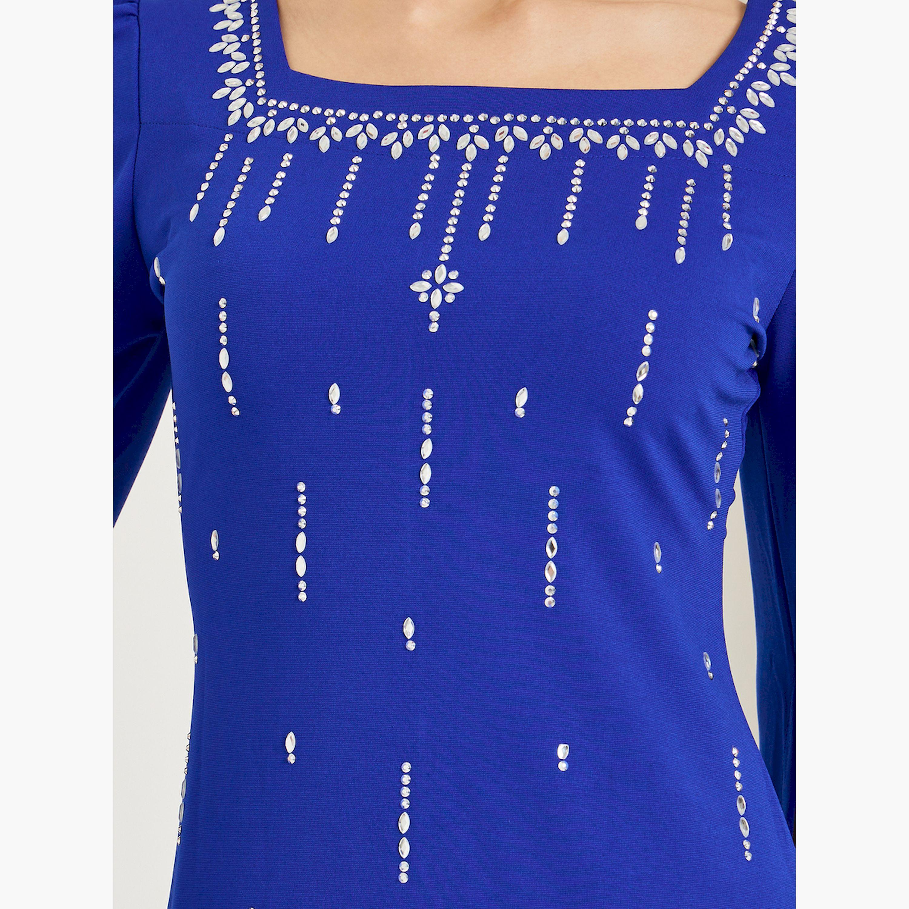 Styli Blue Embellished Long Sleeves Sheath Maxi Dress-women-clothing-dresses-image-5