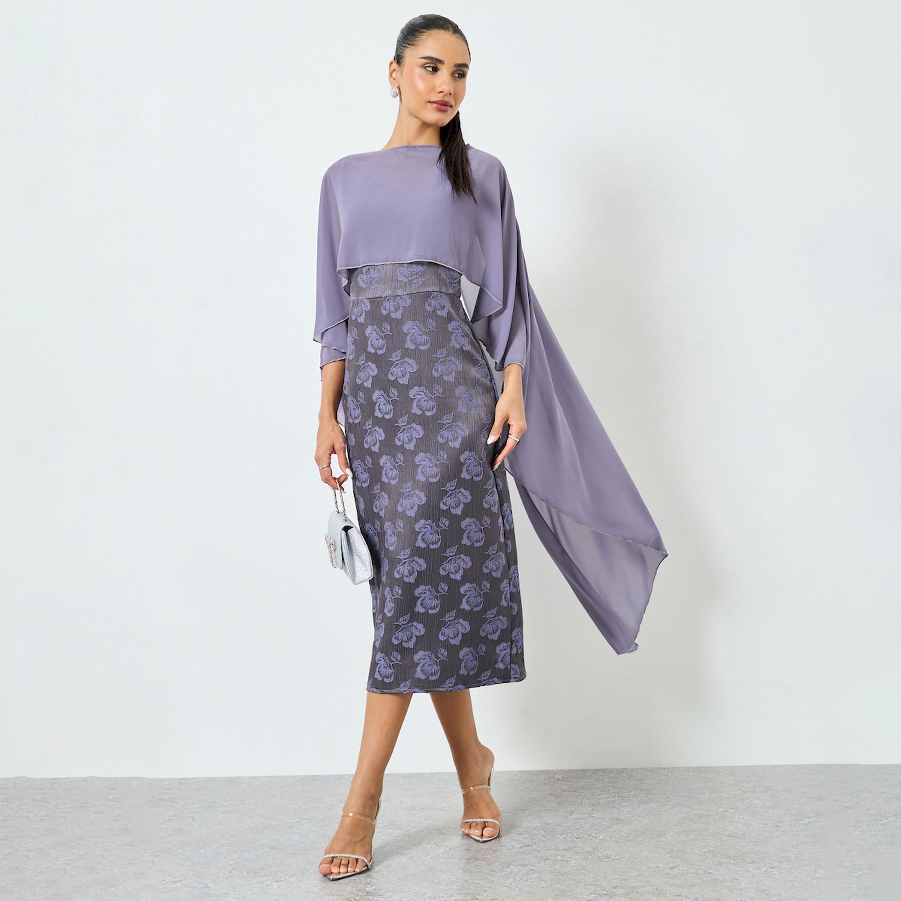 فستان ميدي بأكمام كيب مزينة-women-clothing-dresses-image-1