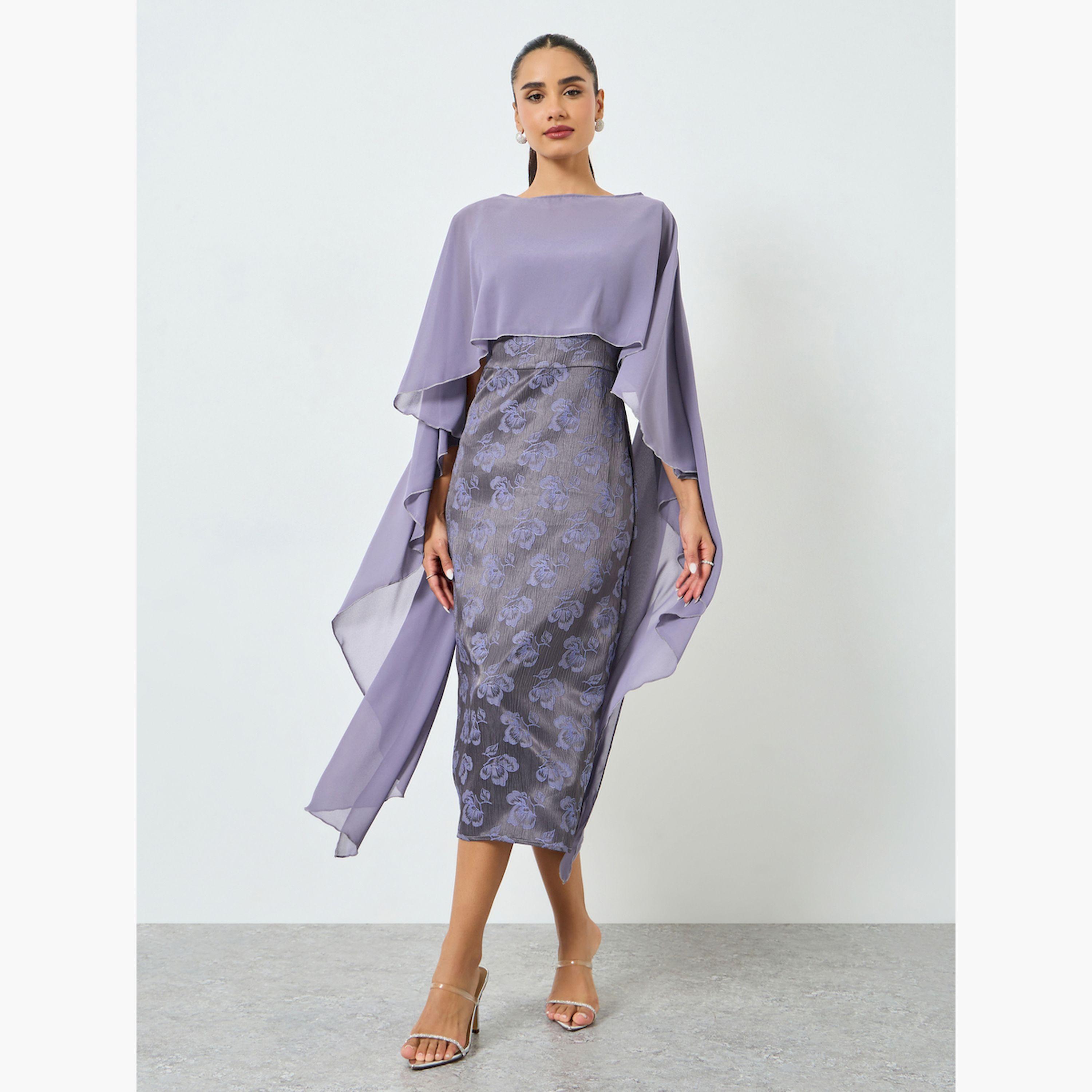 Styli Lilac Embellished Cape Sleeve Midi Dress-women-clothing-dresses-image-4