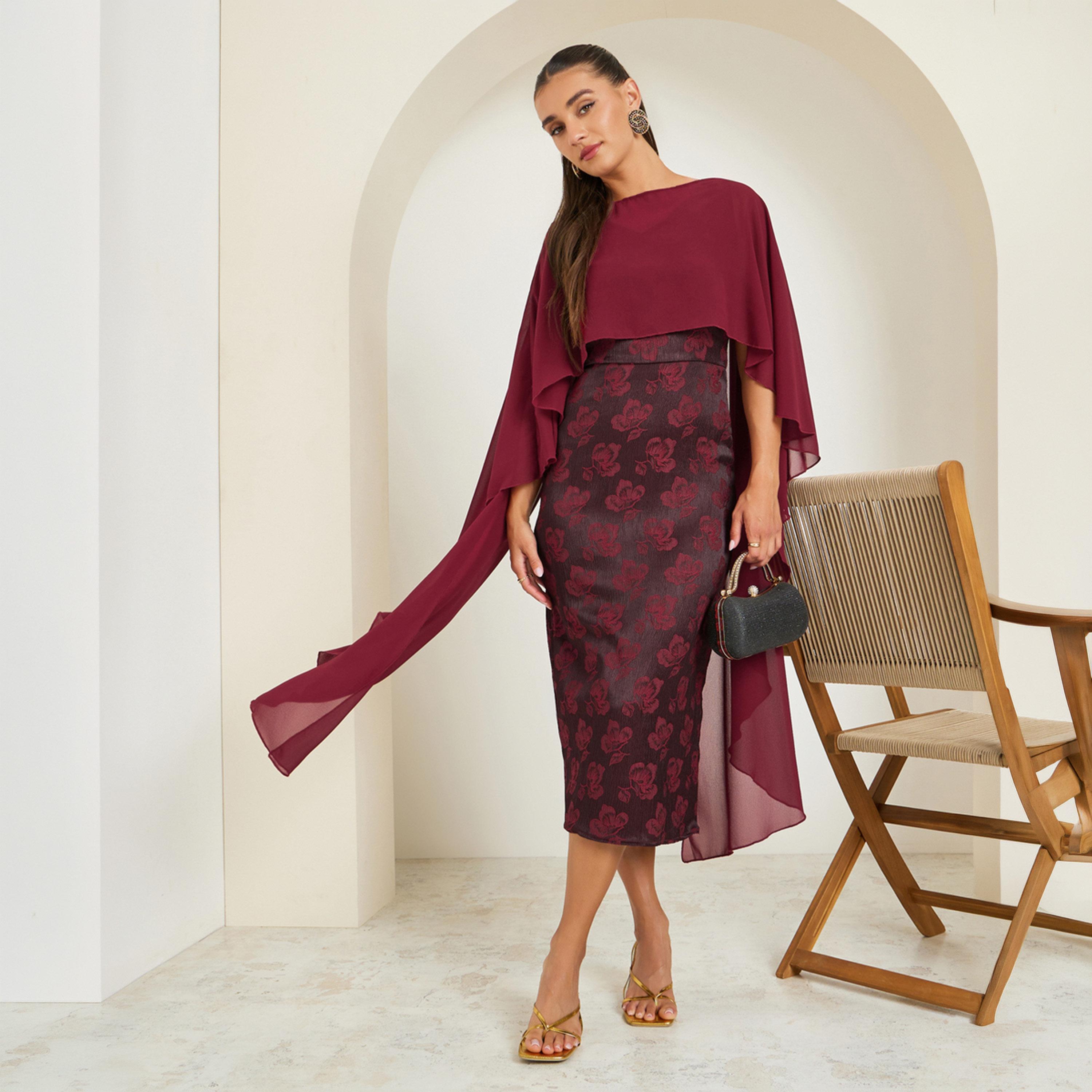 Styli Red Floral Jacquard Cape Sleeve Midi Dress-women-clothing-dresses-image-1