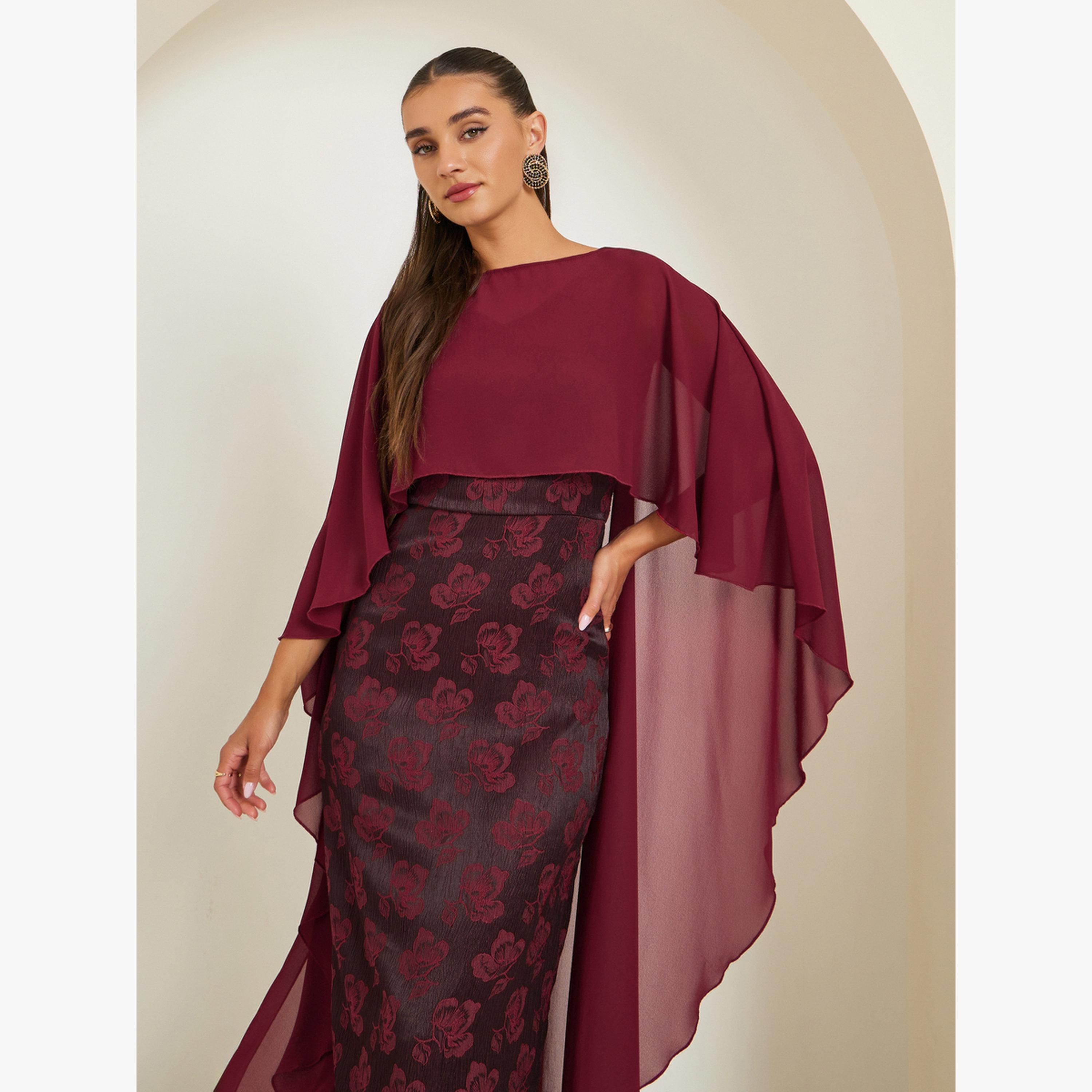 فستان ميدي جاكار بنقشة زهور وأكمام كاب-women-clothing-dresses-image-2
