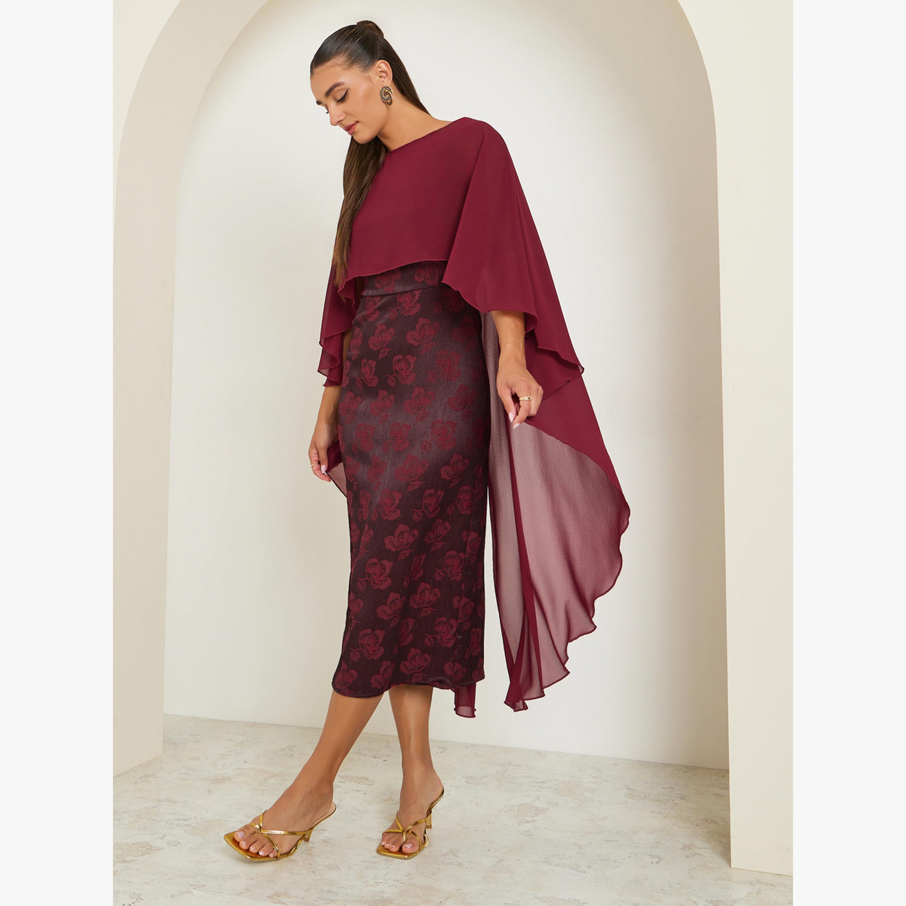 فستان ميدي جاكار بنقشة زهور وأكمام كاب-women-clothing-dresses-image-3
