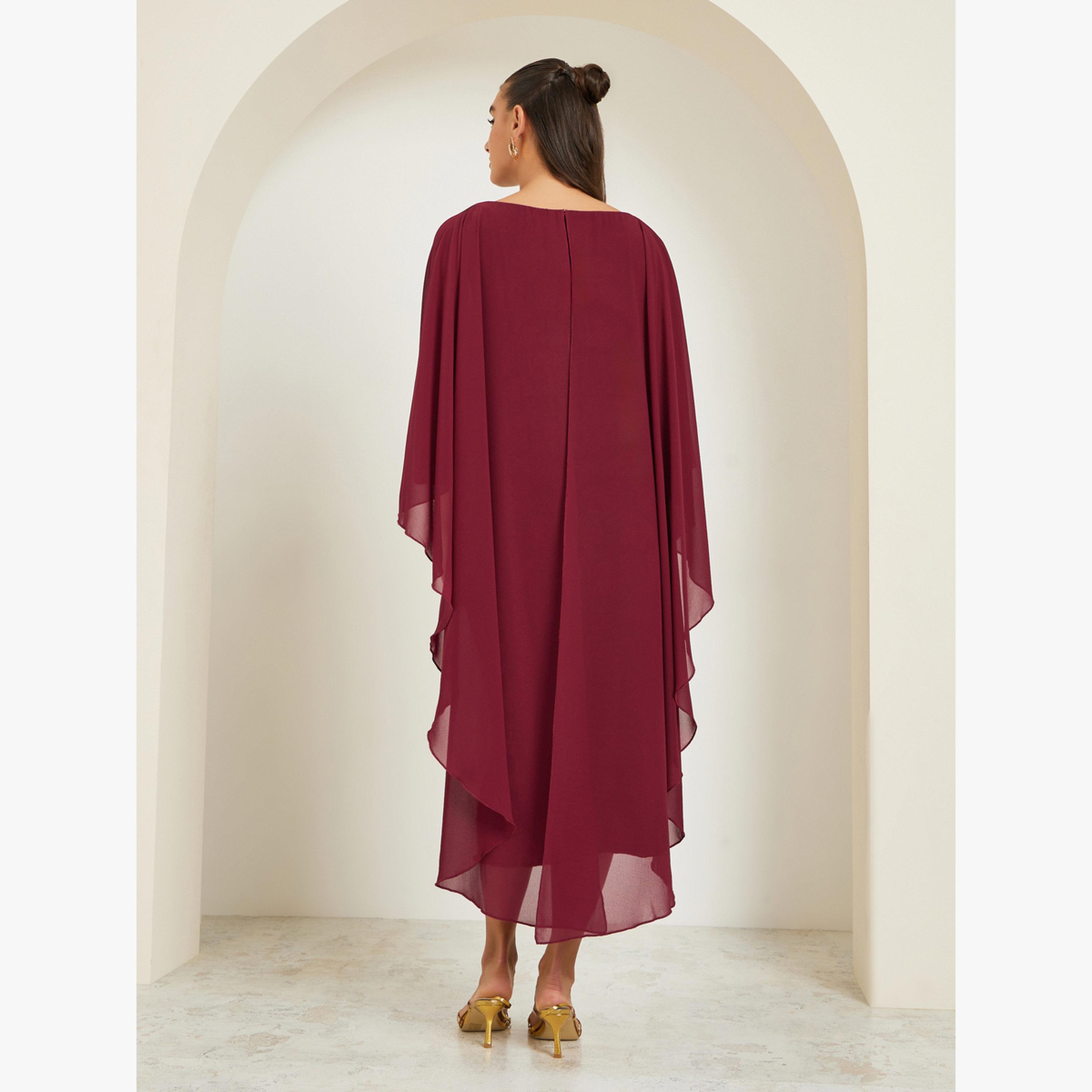 فستان ميدي جاكار بنقشة زهور وأكمام كاب-women-clothing-dresses-image-4