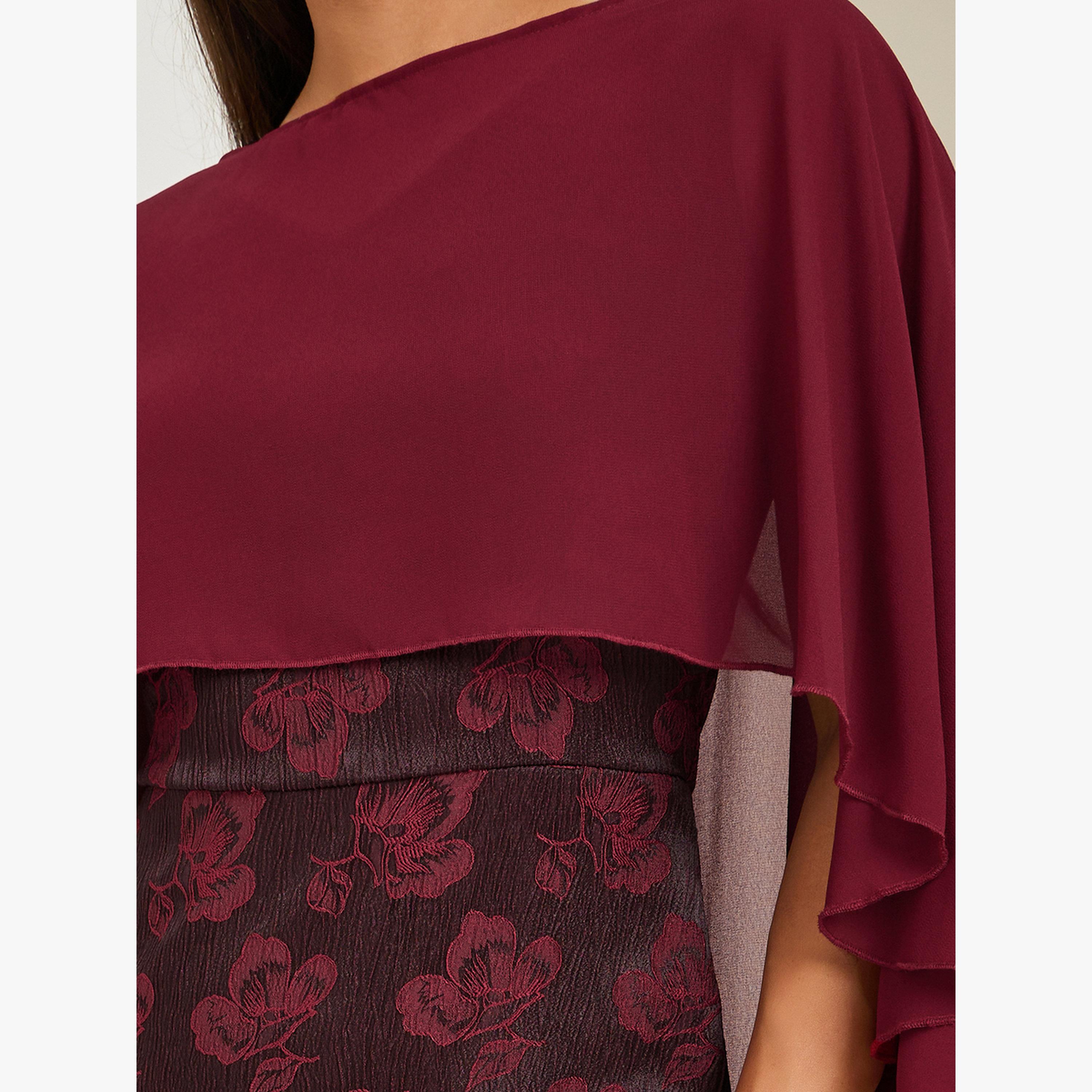 فستان ميدي جاكار بنقشة زهور وأكمام كاب-women-clothing-dresses-image-5