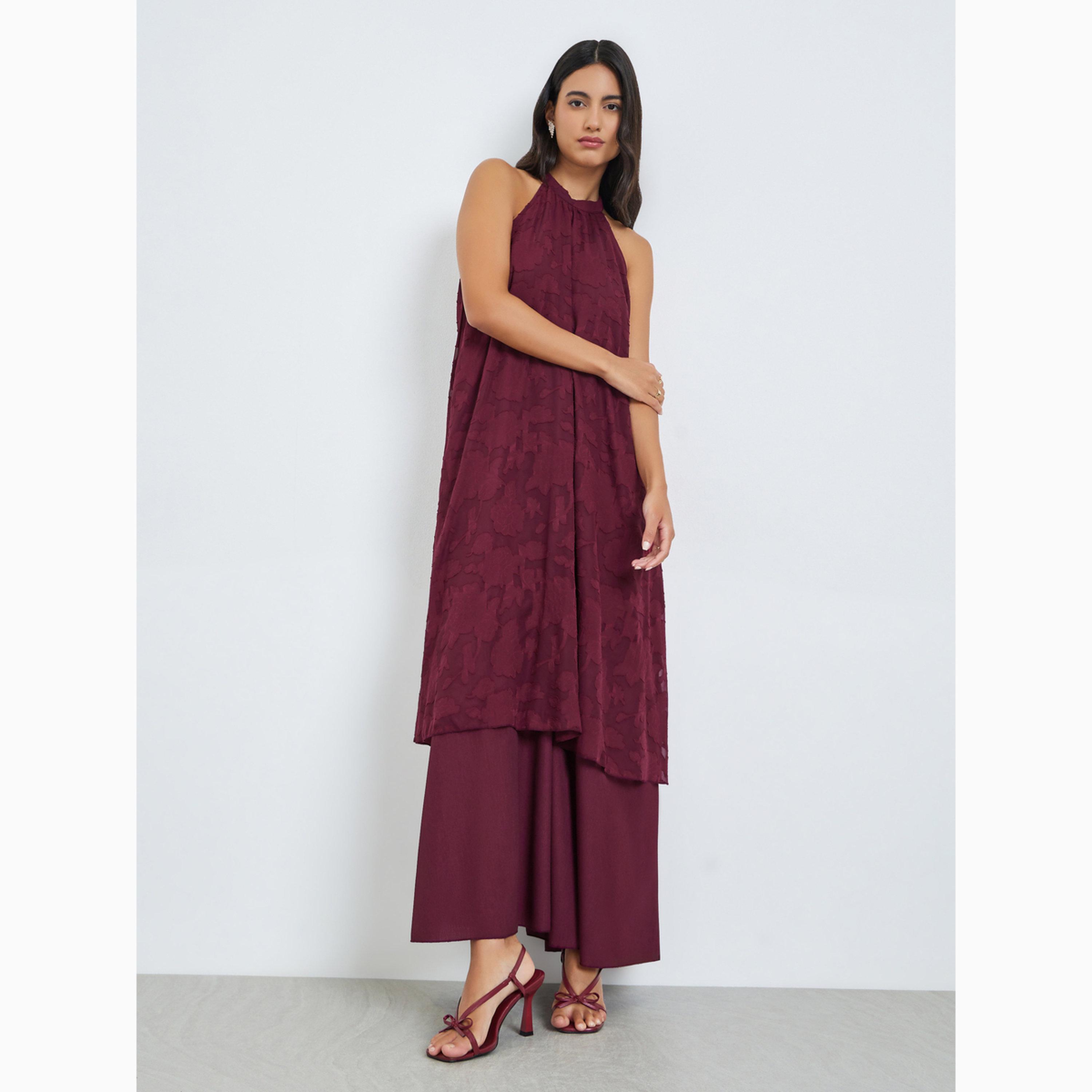 Styli Maroon Burnout Layered A-Line Maxi Dress with Halter Neck-women-clothing-dresses-image-1