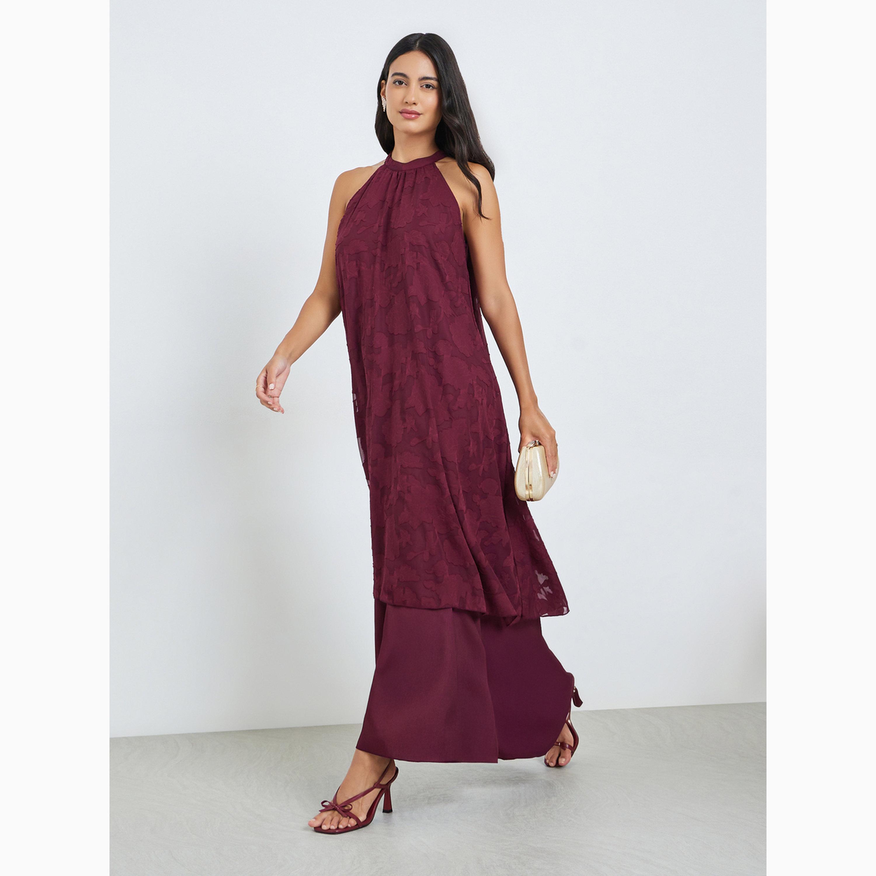 Styli Maroon Burnout Layered A-Line Maxi Dress with Halter Neck-women-clothing-dresses-image-3