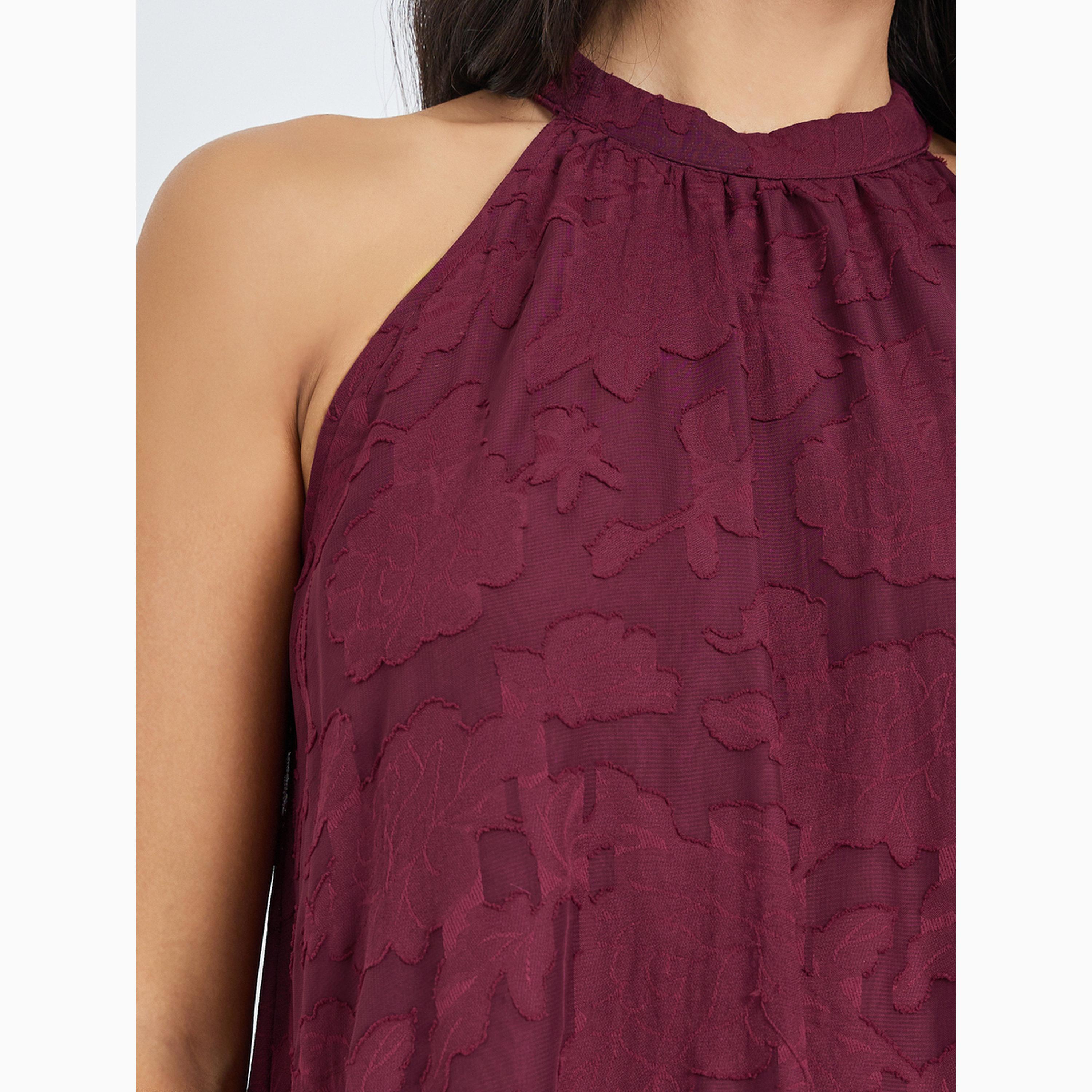 Styli Maroon Burnout Layered A-Line Maxi Dress with Halter Neck-women-clothing-dresses-image-4