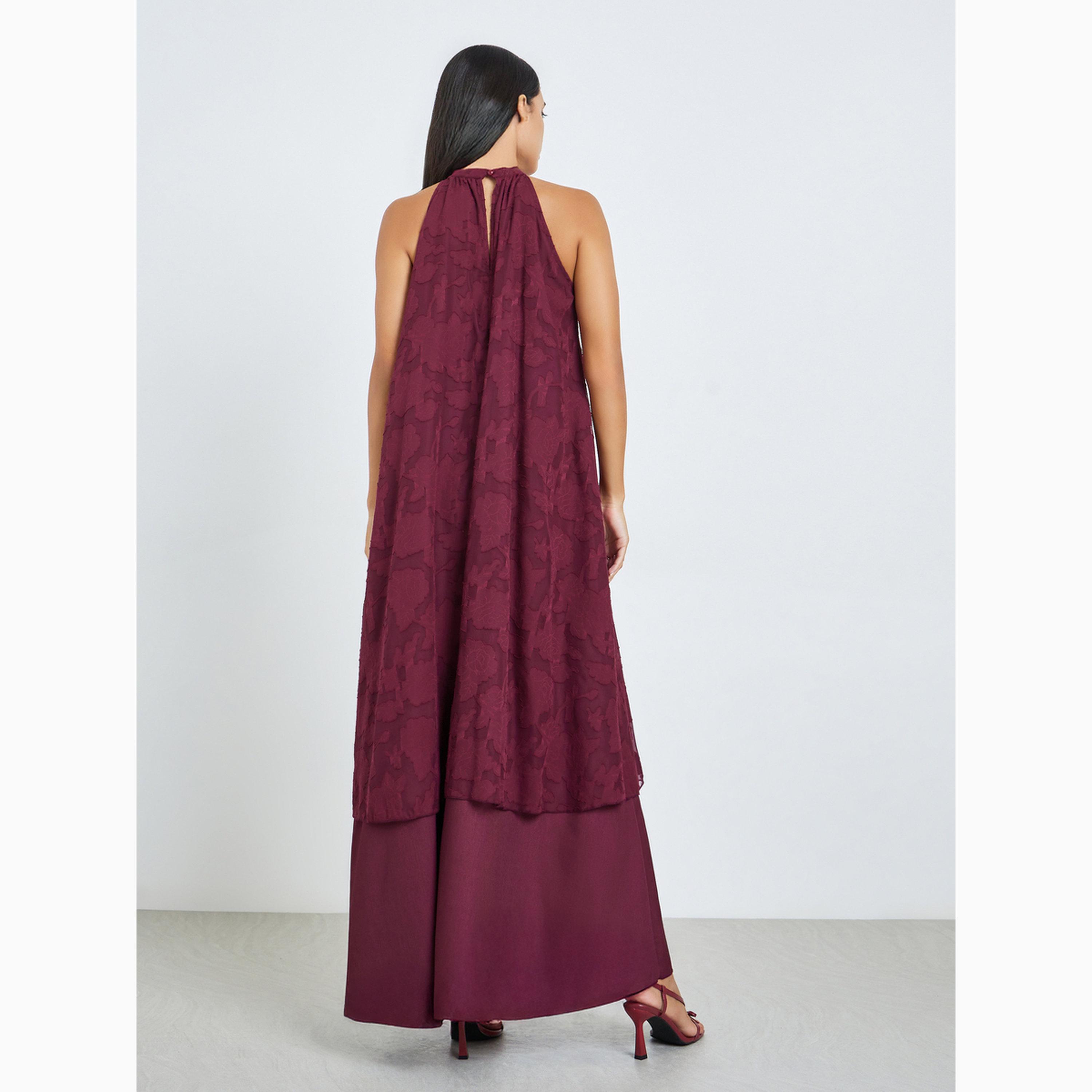 Styli Maroon Burnout Layered A-Line Maxi Dress with Halter Neck-women-clothing-dresses-image-5
