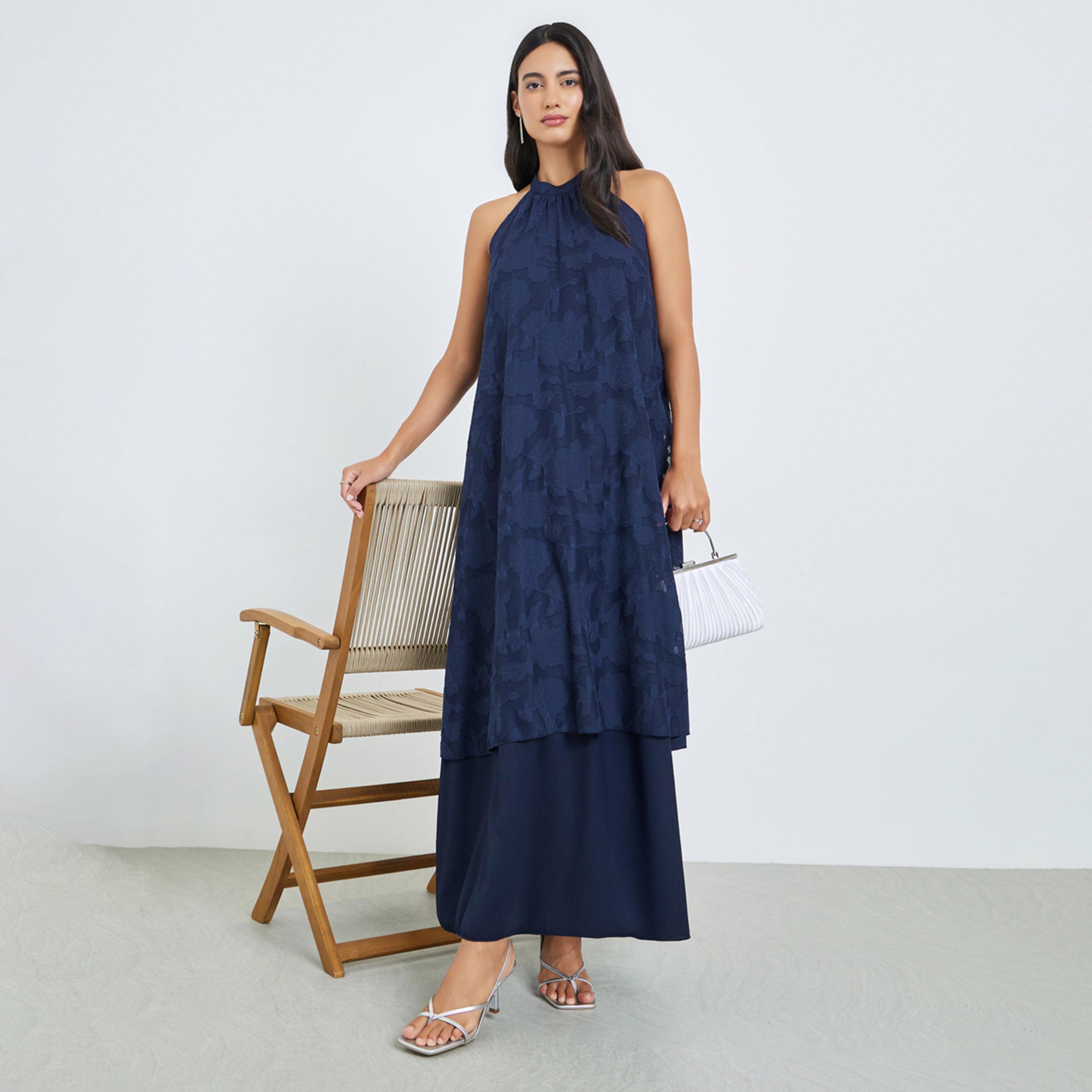 Styli Navy Blue Burnout Layered A-Line Maxi Dress with Halter Neck-women-clothing-dresses-image-1