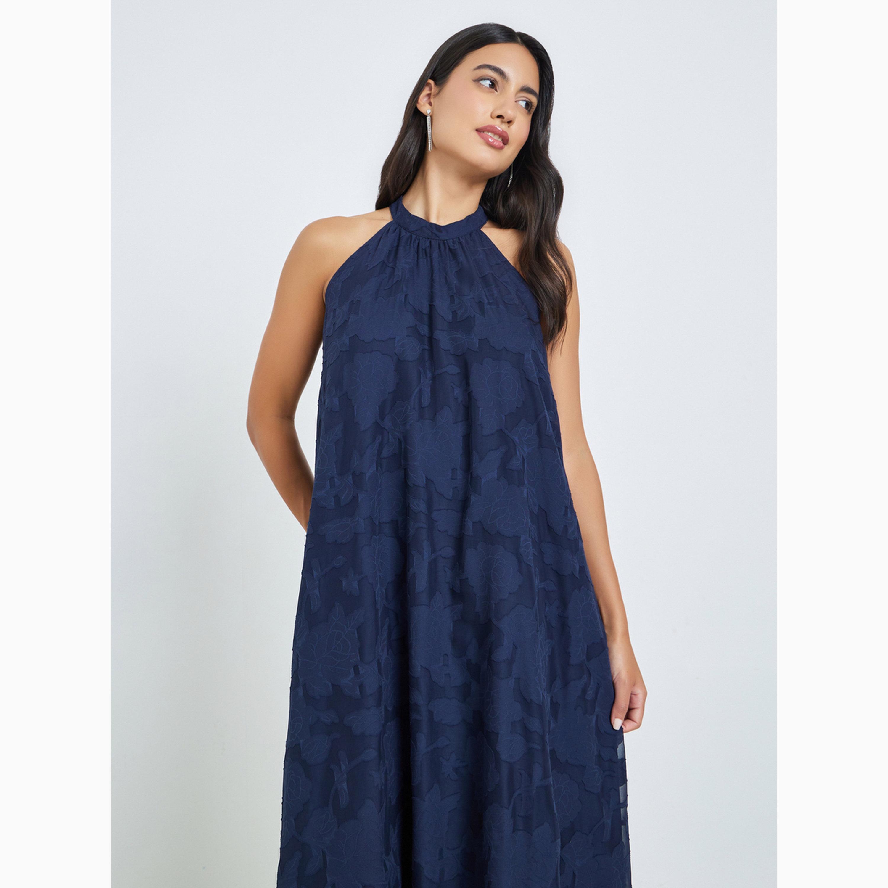 Styli Navy Blue Burnout Layered A-Line Maxi Dress with Halter Neck-women-clothing-dresses-image-2