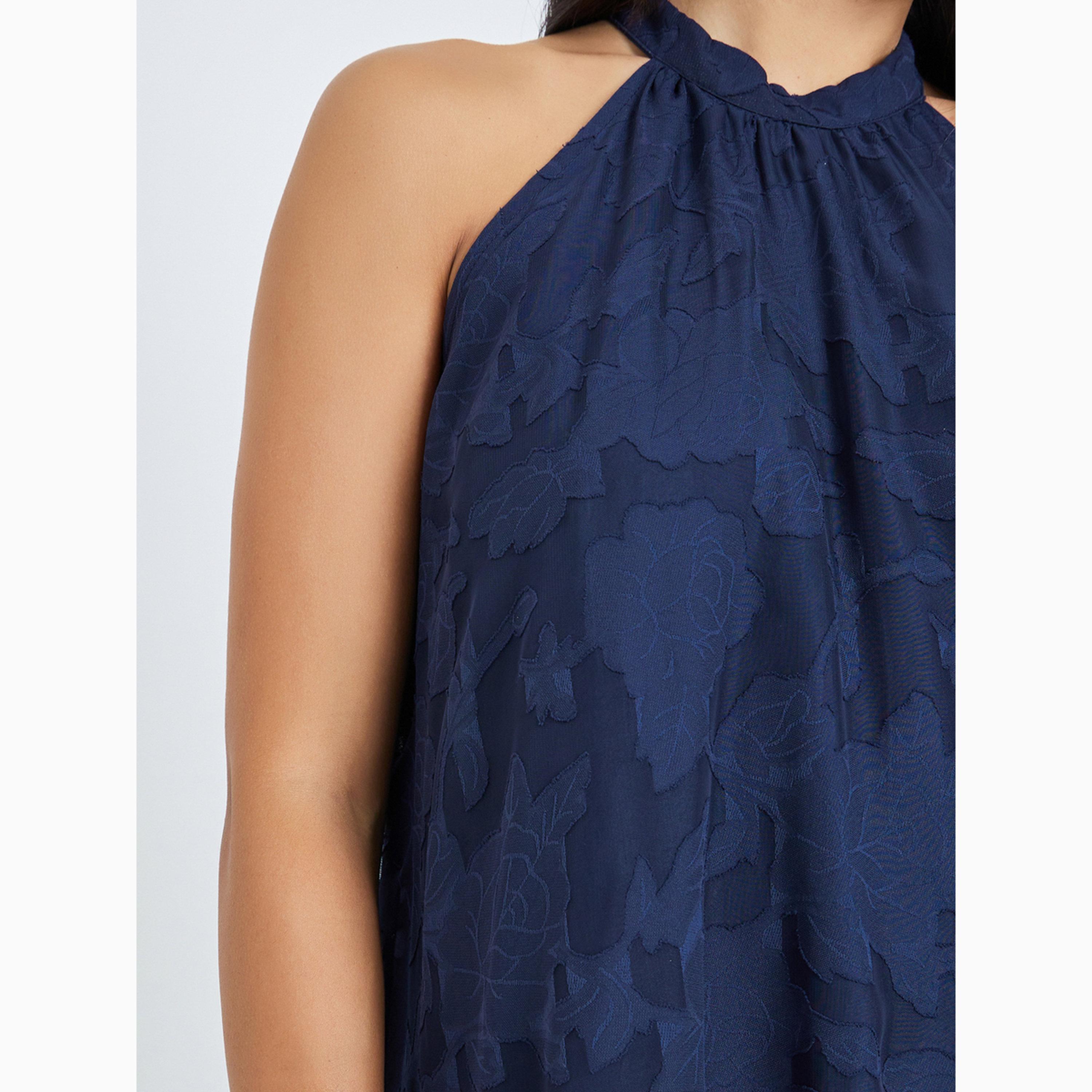 Styli Navy Blue Burnout Layered A-Line Maxi Dress with Halter Neck-women-clothing-dresses-image-4