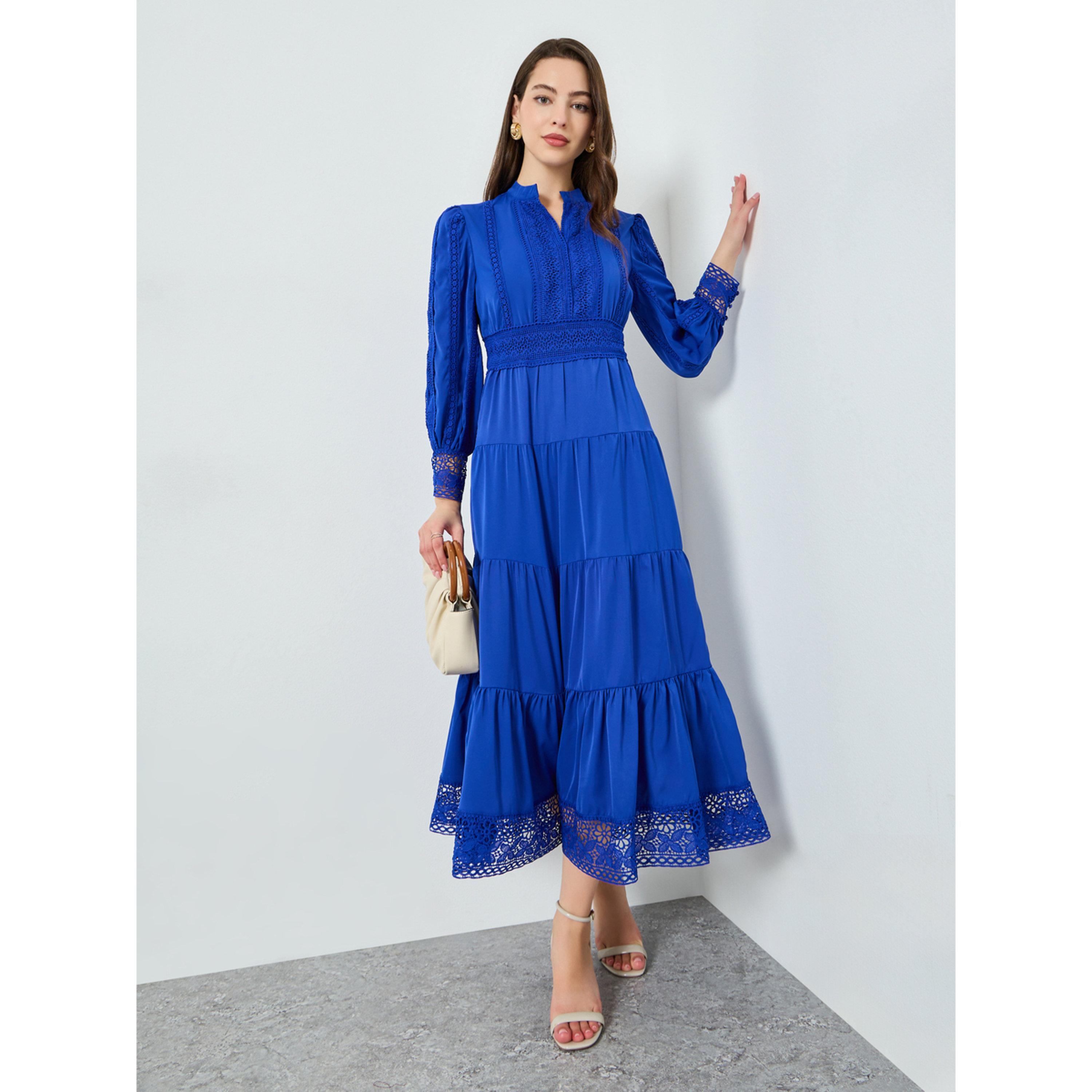 Styli Women Blue Tiered Midi Dress with Lace Insert-women-clothing-dresses-image-1