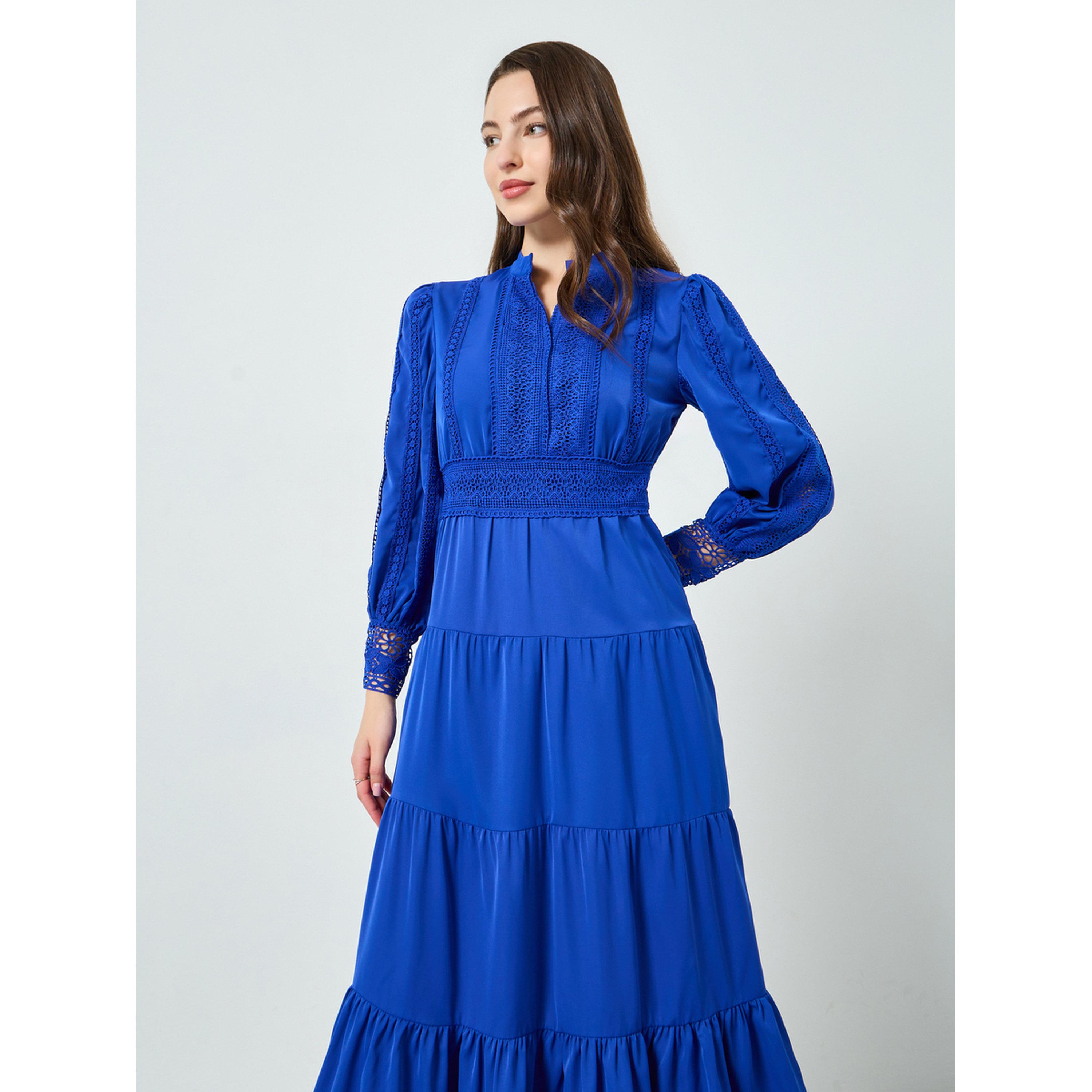 Styli Women Blue Tiered Midi Dress with Lace Insert-women-clothing-dresses-image-2