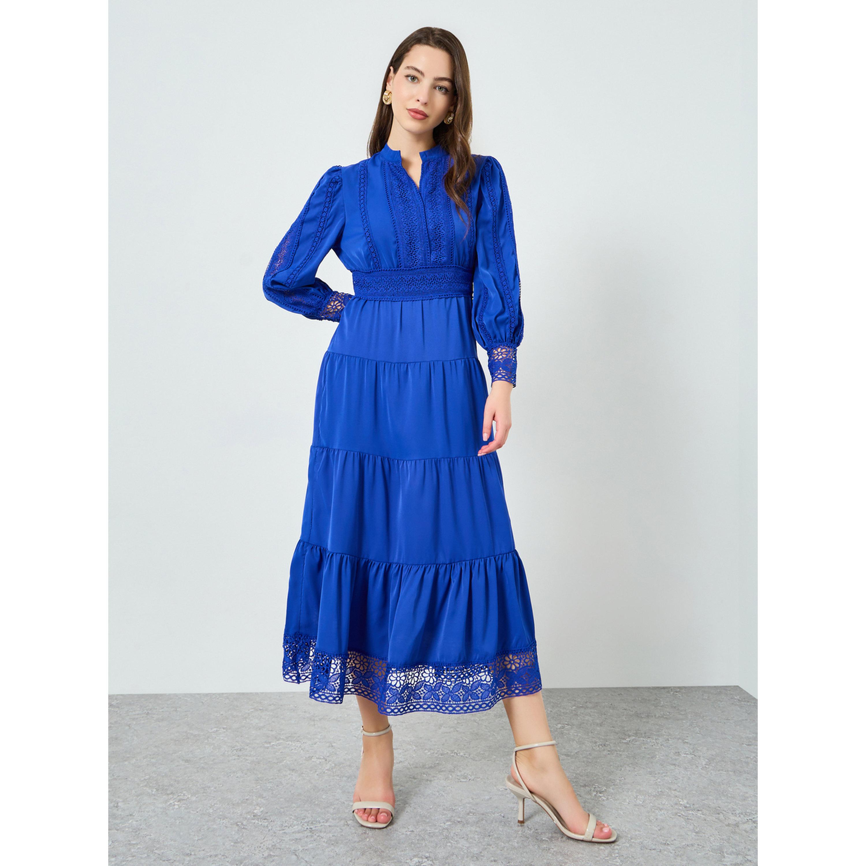 Styli Women Blue Tiered Midi Dress with Lace Insert-women-clothing-dresses-image-3