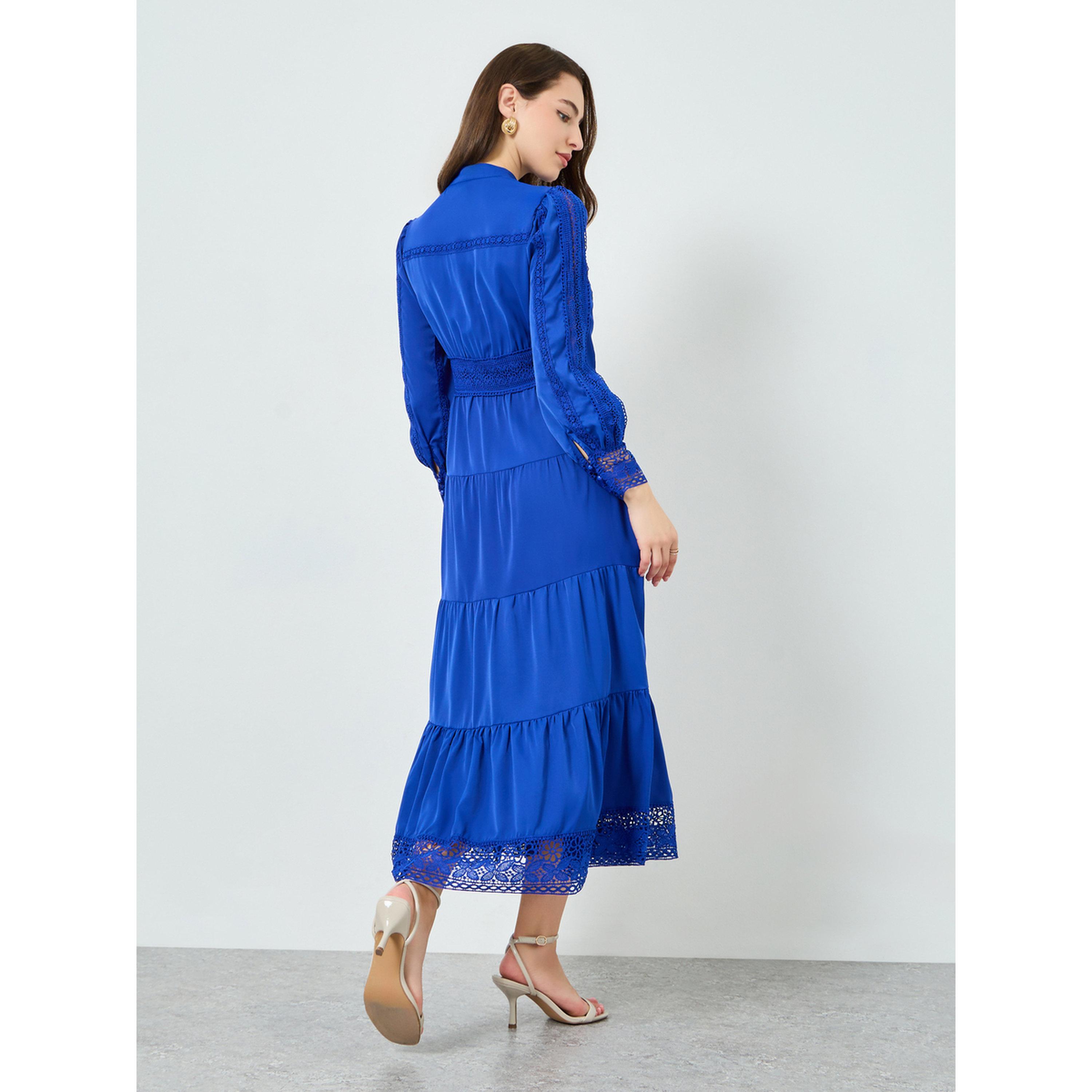 Styli Women Blue Tiered Midi Dress with Lace Insert-women-clothing-dresses-image-4