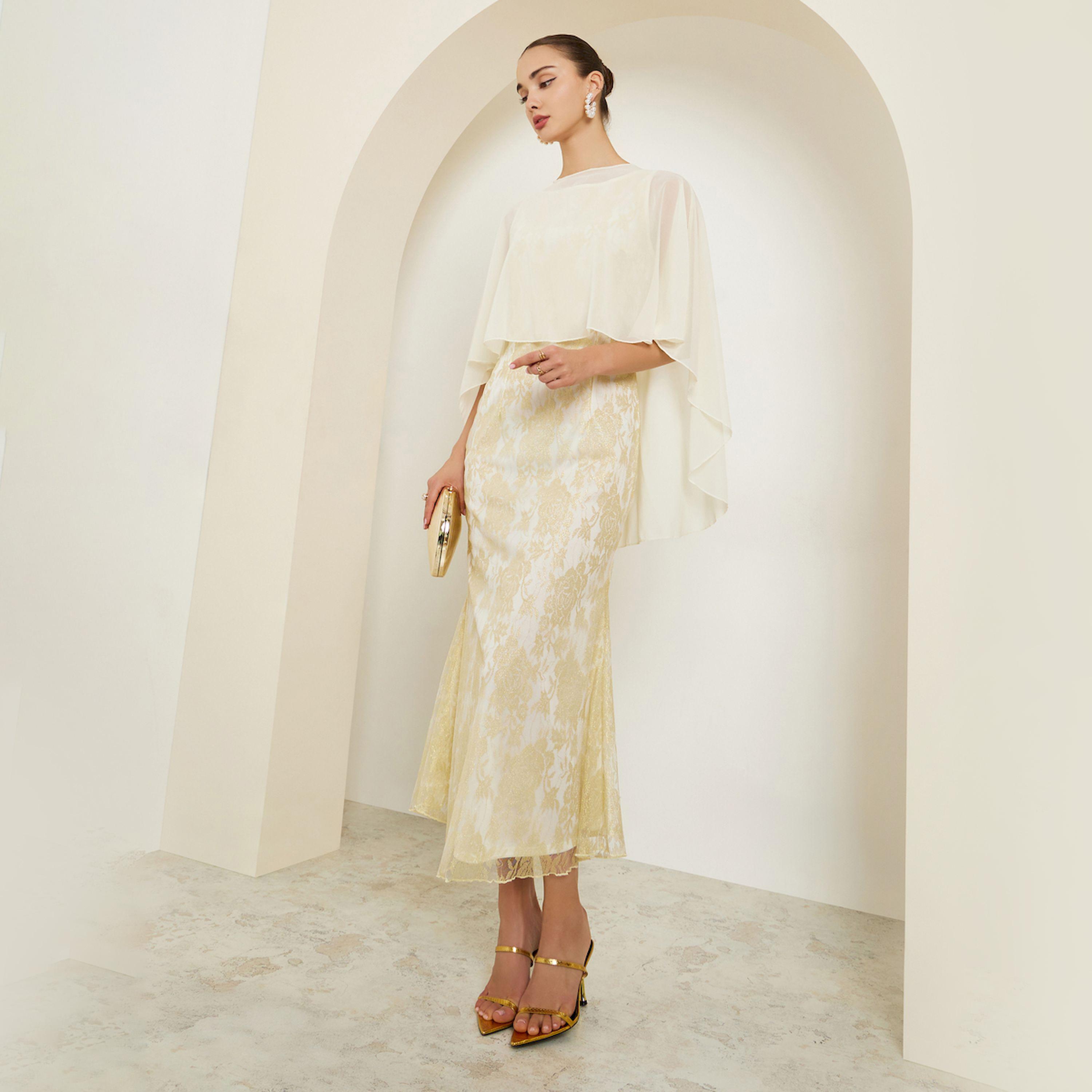 Styli Beige Lace Cape Sleeve Maxi Dress-women-clothing-dresses-image-1