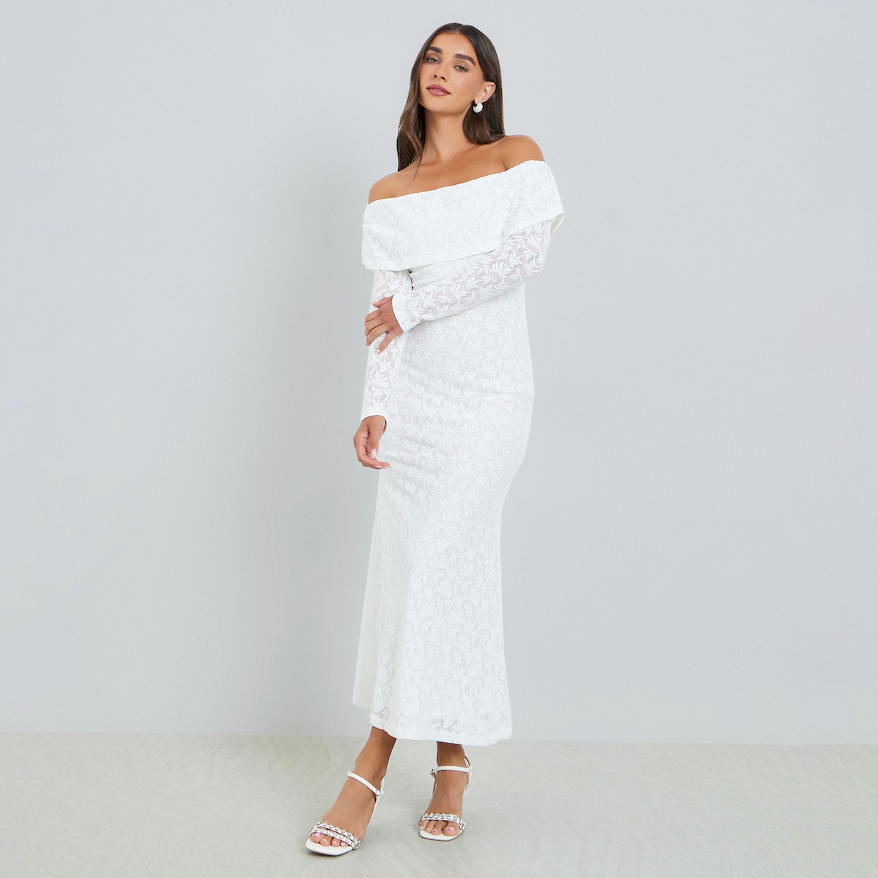 Styli Women White Lace Off Shoulder Mermaid Midi Dress-women-clothing-dresses-image-1