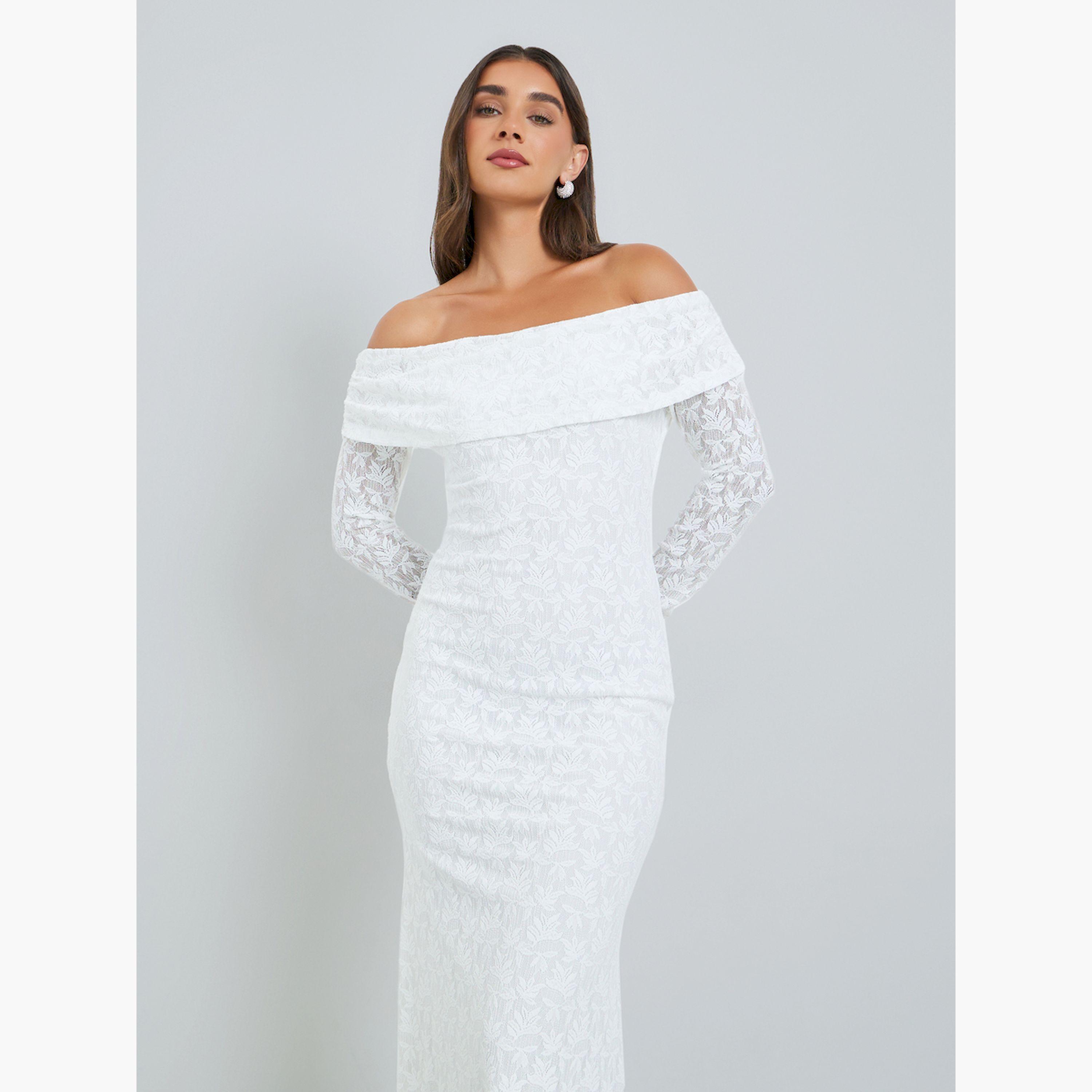 Styli Women White Lace Off Shoulder Mermaid Midi Dress-women-clothing-dresses-image-2