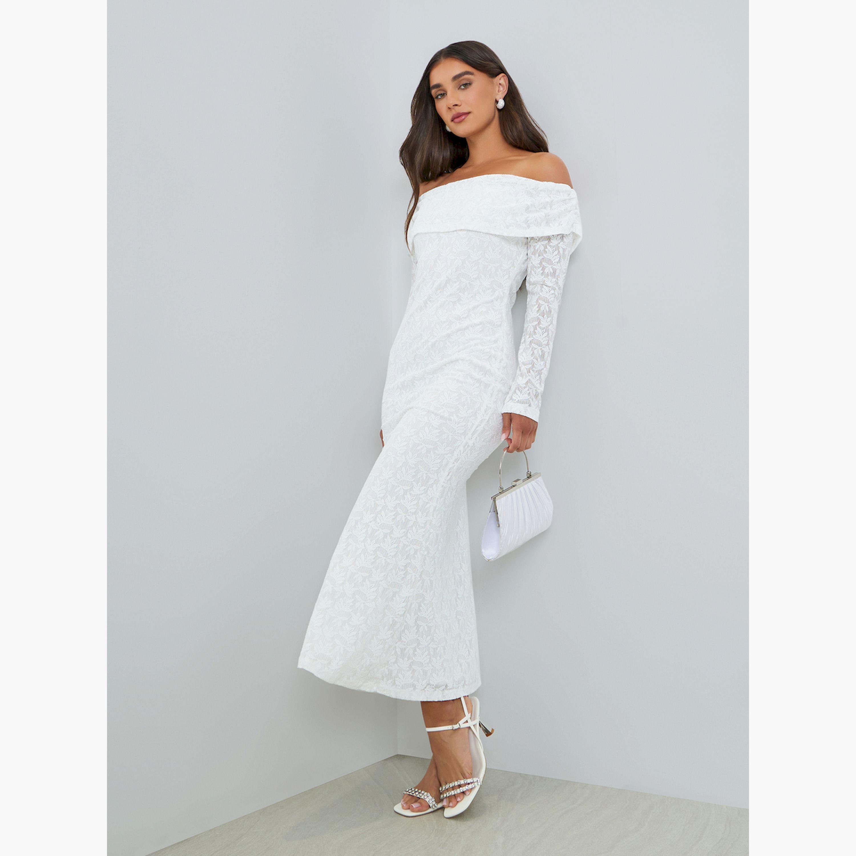 Styli Women White Lace Off Shoulder Mermaid Midi Dress-women-clothing-dresses-image-3