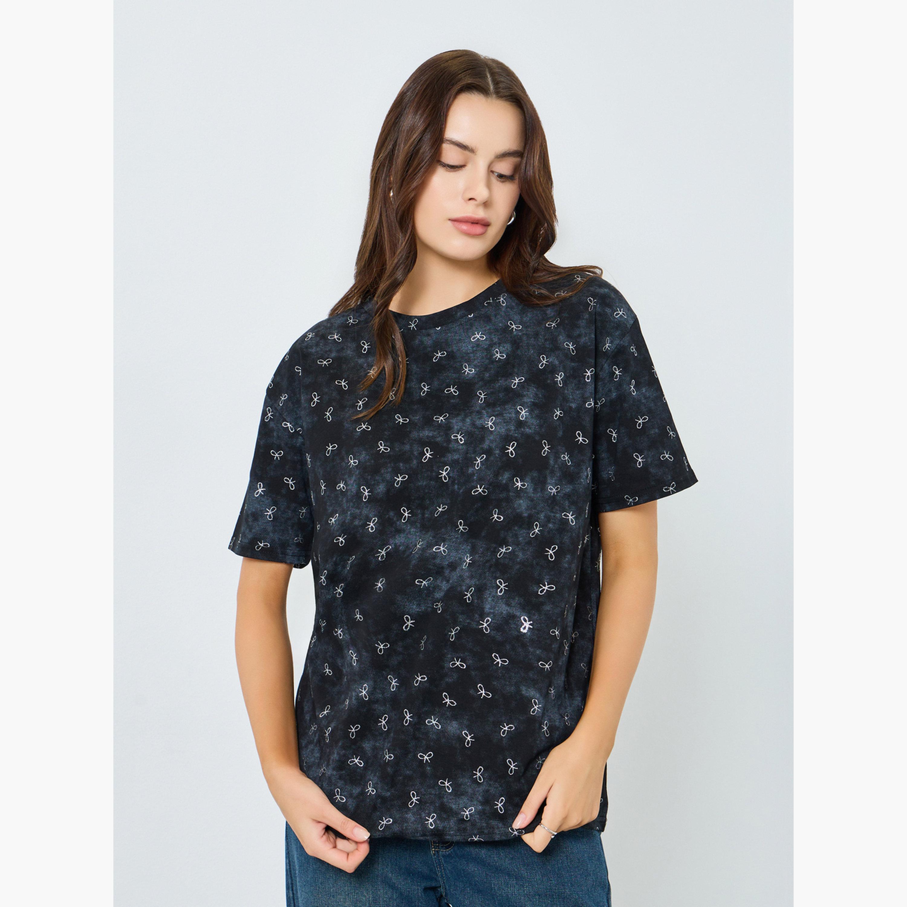 Styli Women Grey Bow Print Oversized T-Shirt-women-clothing-tshirts-image-1