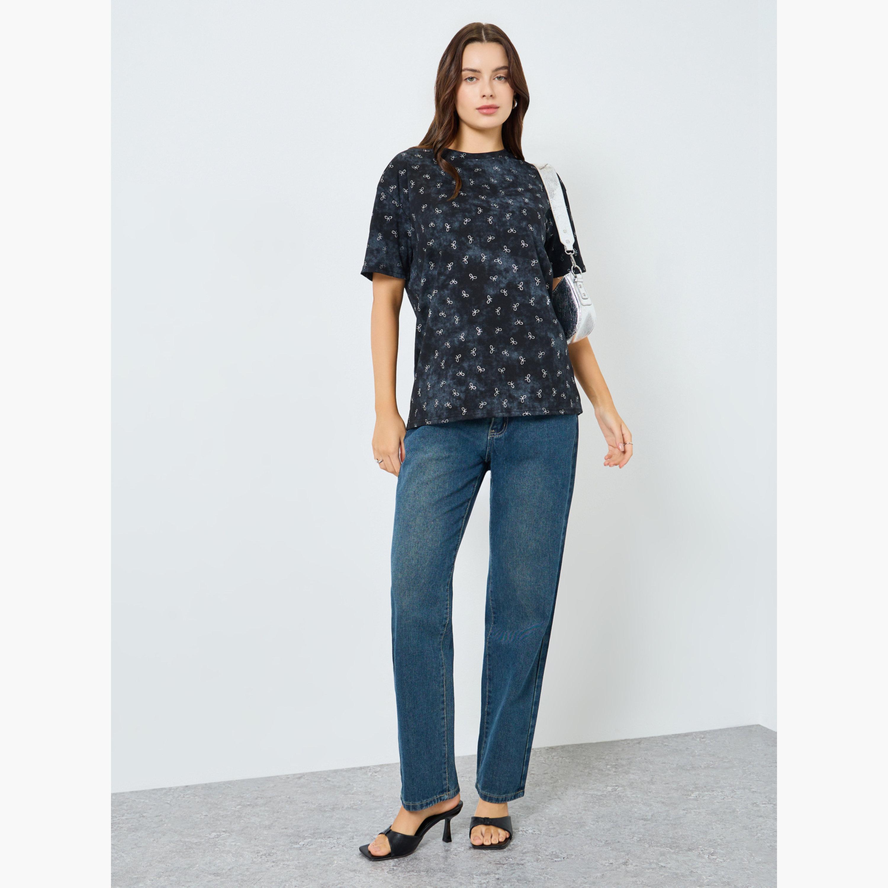 Styli Women Grey Bow Print Oversized T-Shirt-women-clothing-tshirts-image-2
