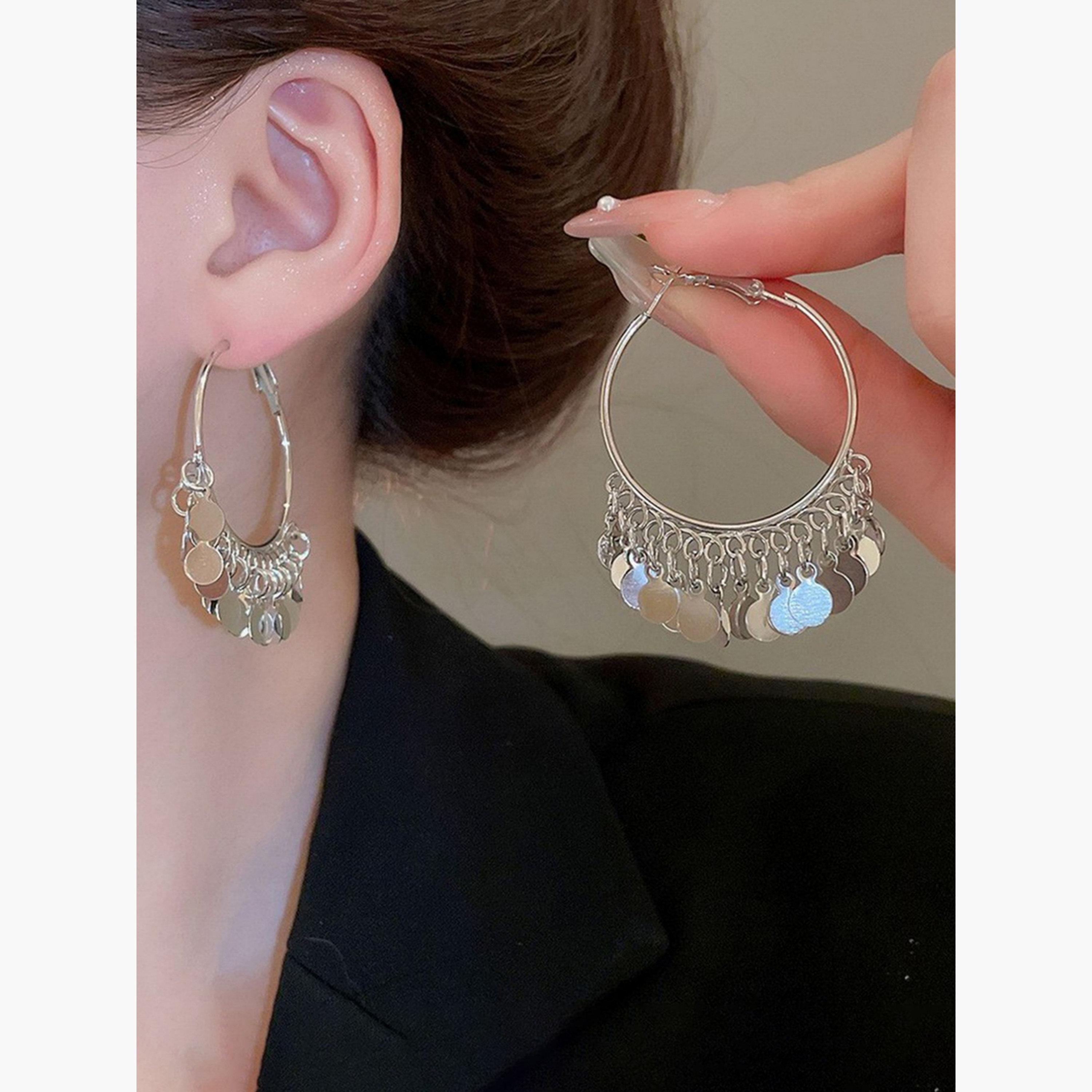 Take Two Silver Hoop Earrings with Circle Tassel Pendants-women-watchesandjewellery-jewellery-earrings-image-2