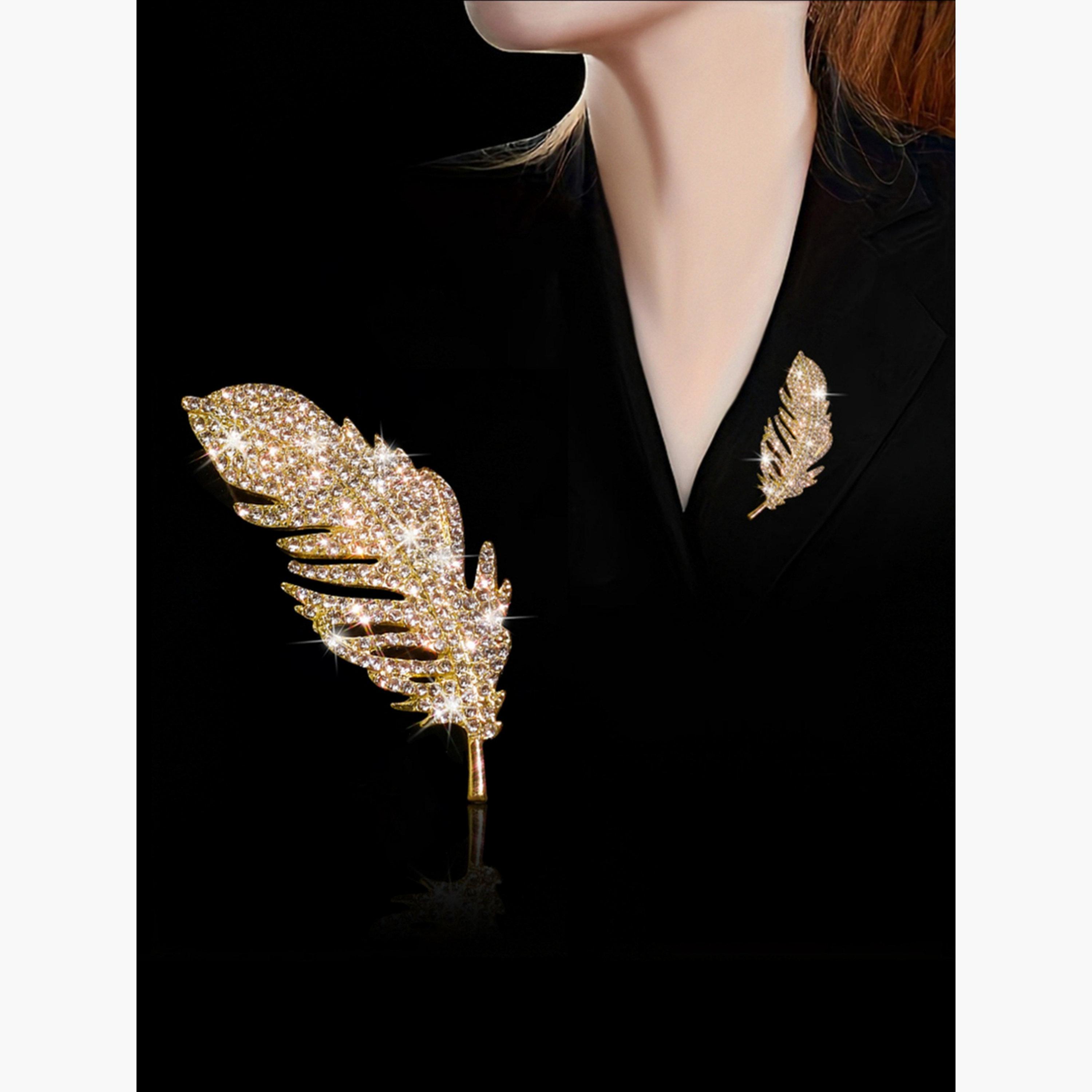 Take Two Feather Shaped Rhinestone Embellished Brooch-women-watchesandjewellery-jewellery-brooches-image-2