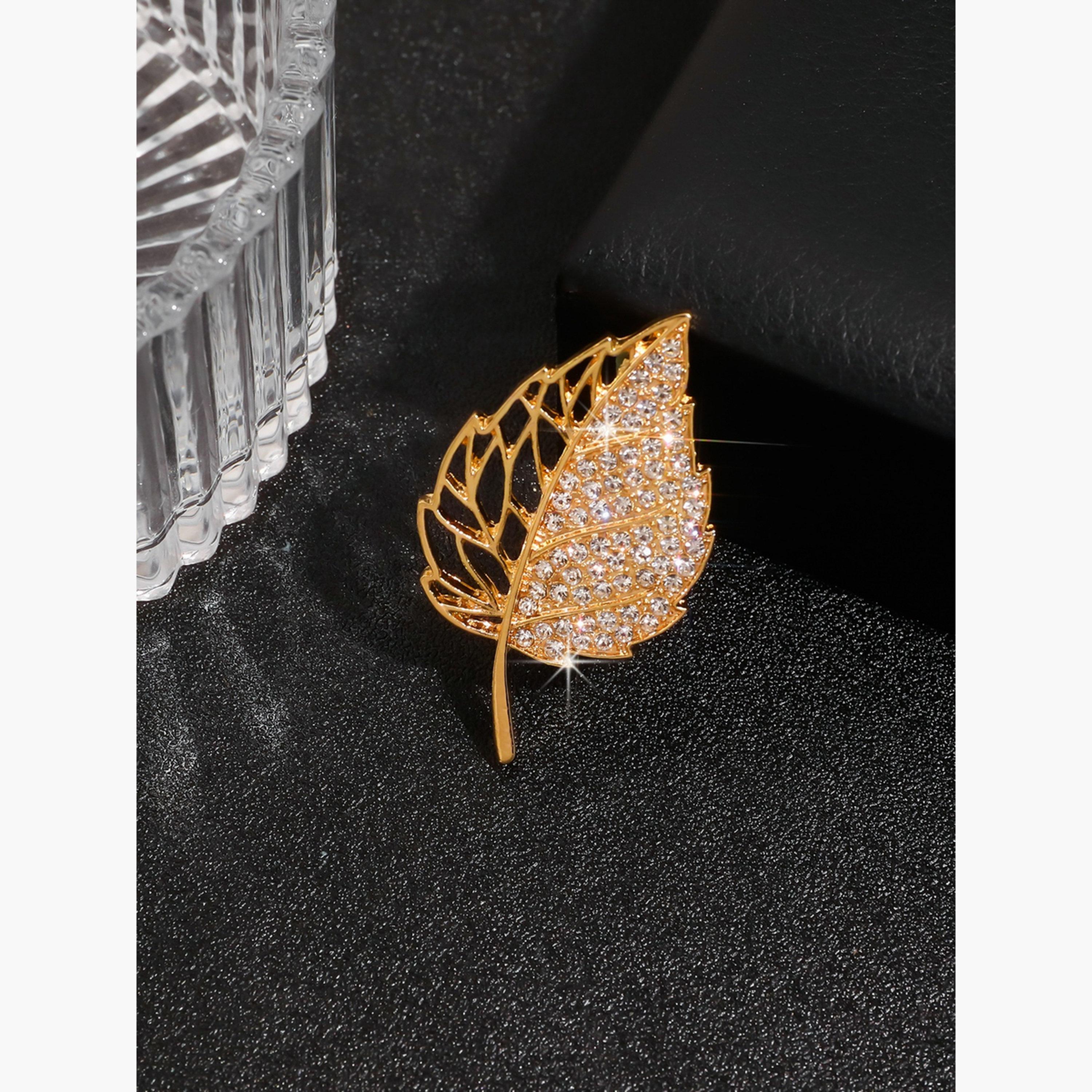 Take Two Leaf Shaped Rhinestone Embellished Brooch-women-watchesandjewellery-jewellery-brooches-image-5