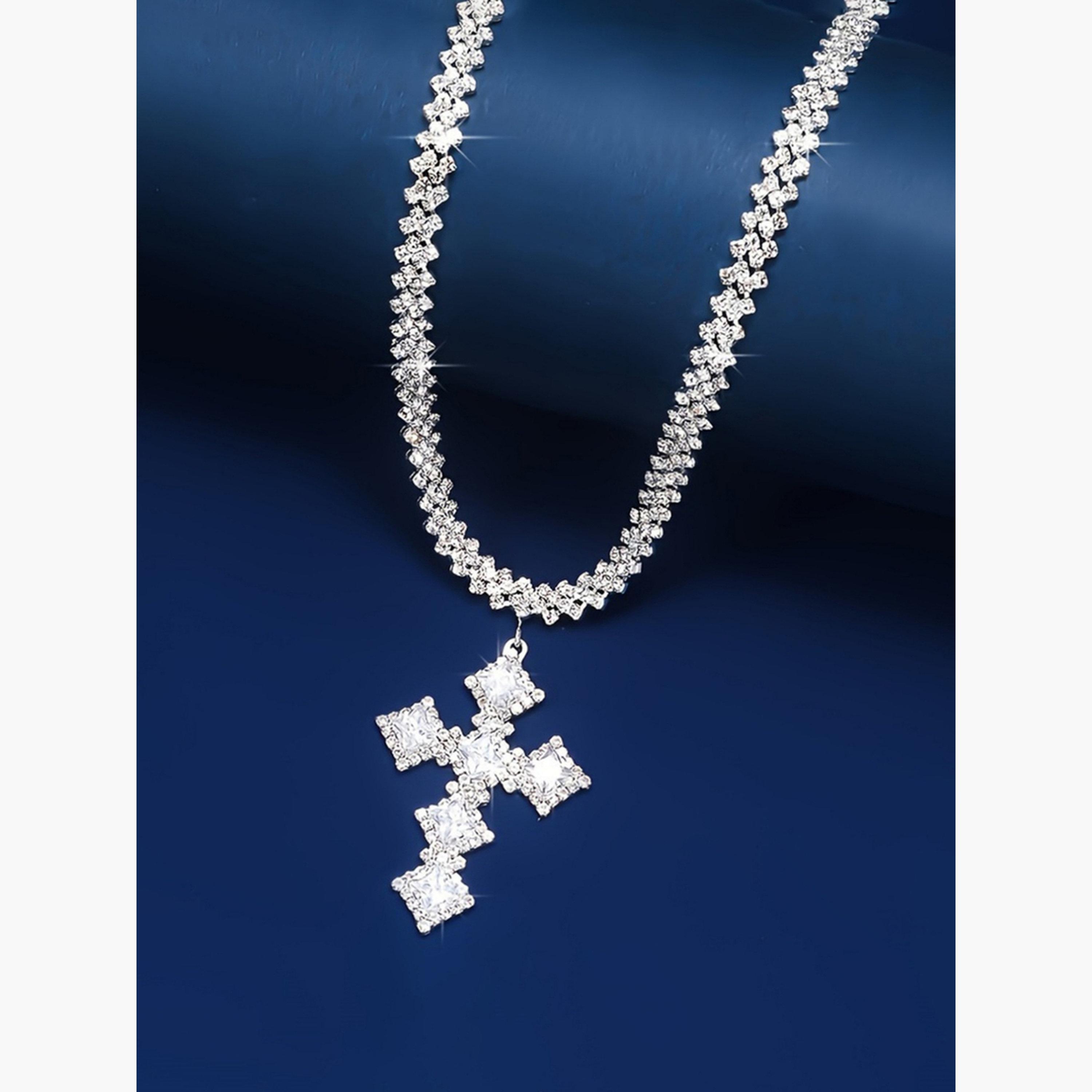Take Two Silver Rhinestone Embellished Cross Necklace-women-watchesandjewellery-jewellery-necklacesandpendants-image-5