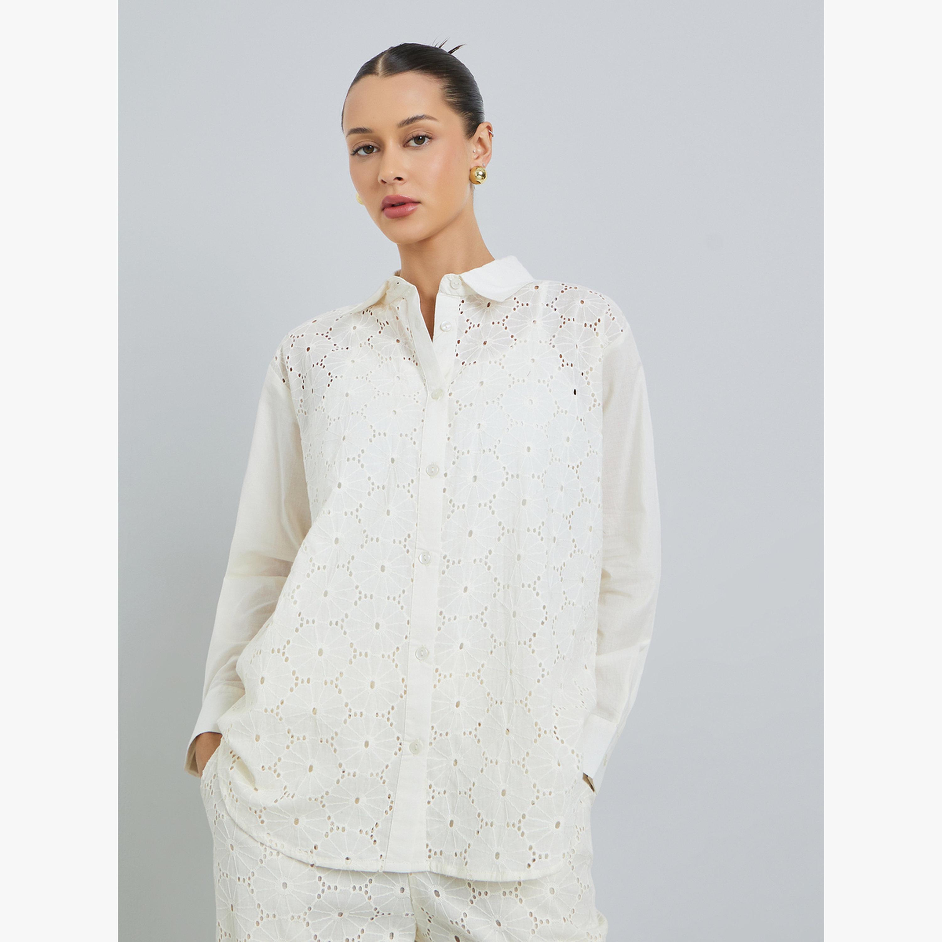 Styli Off White Embroidered Eyelet Cotton Shirt-women-clothing-shirtsandblouses-shirts-image-1