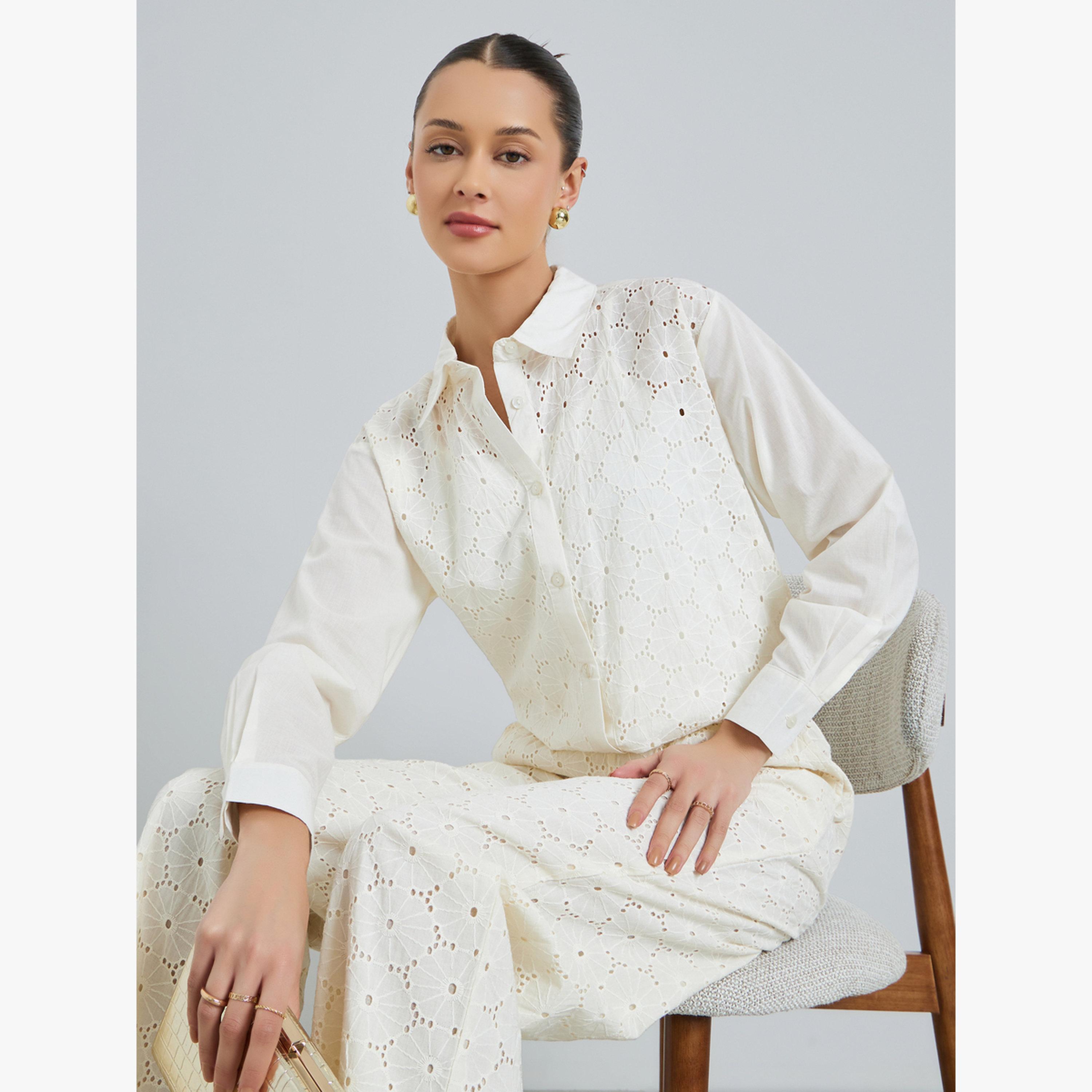 Styli Off White Embroidered Eyelet Cotton Shirt-women-clothing-shirtsandblouses-shirts-image-3