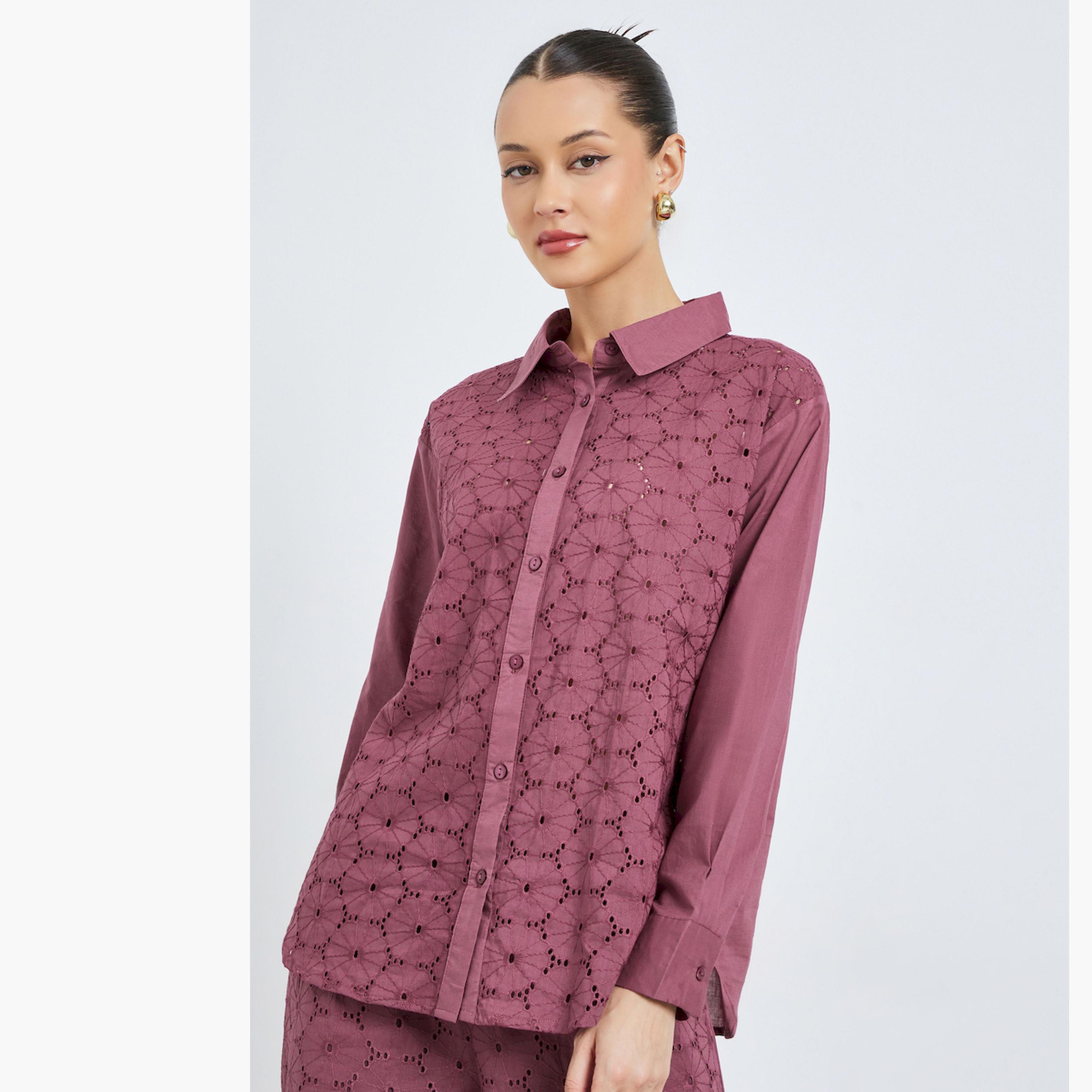 Styli Purple Embroidered Eyelet Cotton Shirt-women-clothing-shirtsandblouses-shirts-image-1