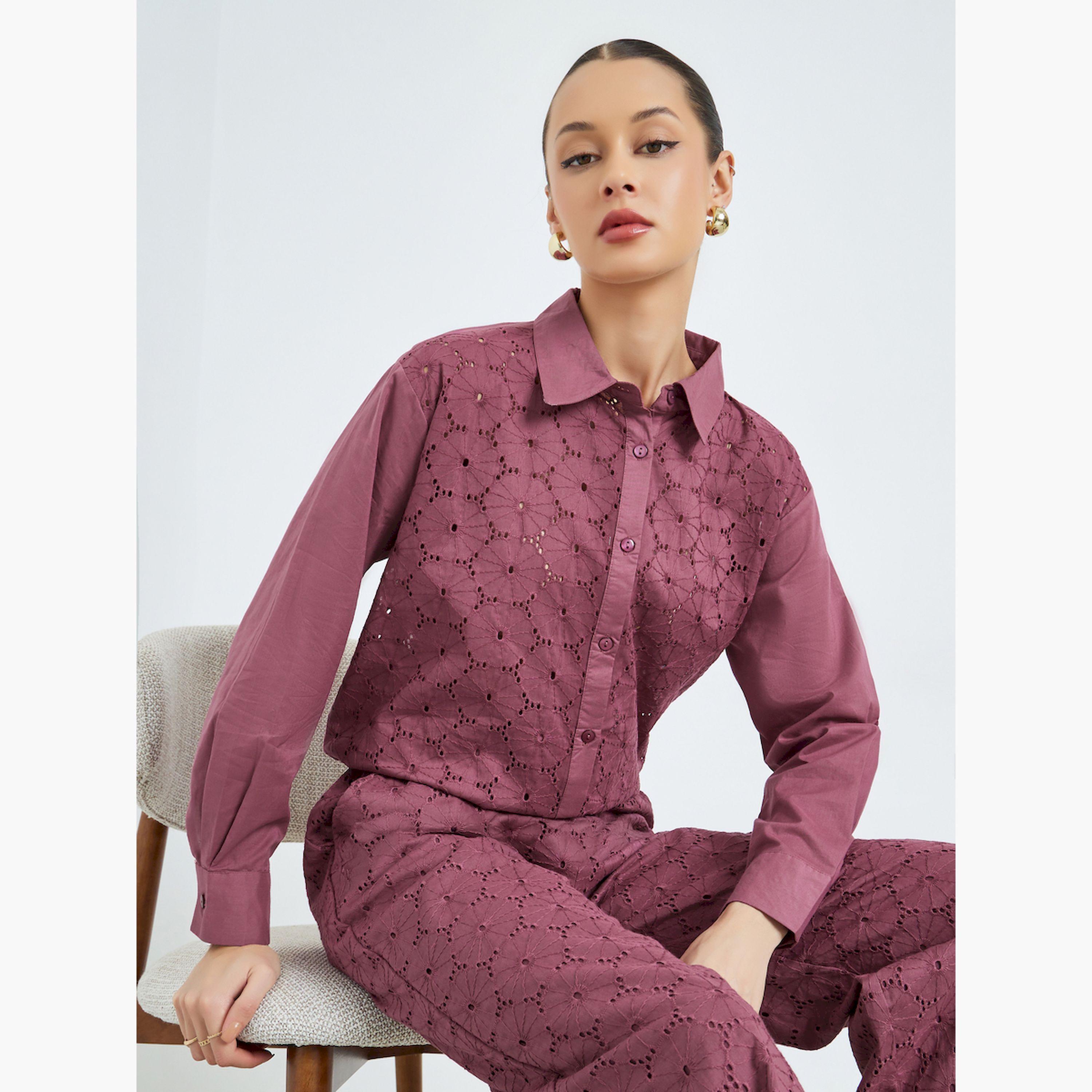 Styli Purple Embroidered Eyelet Cotton Shirt-women-clothing-shirtsandblouses-shirts-image-3