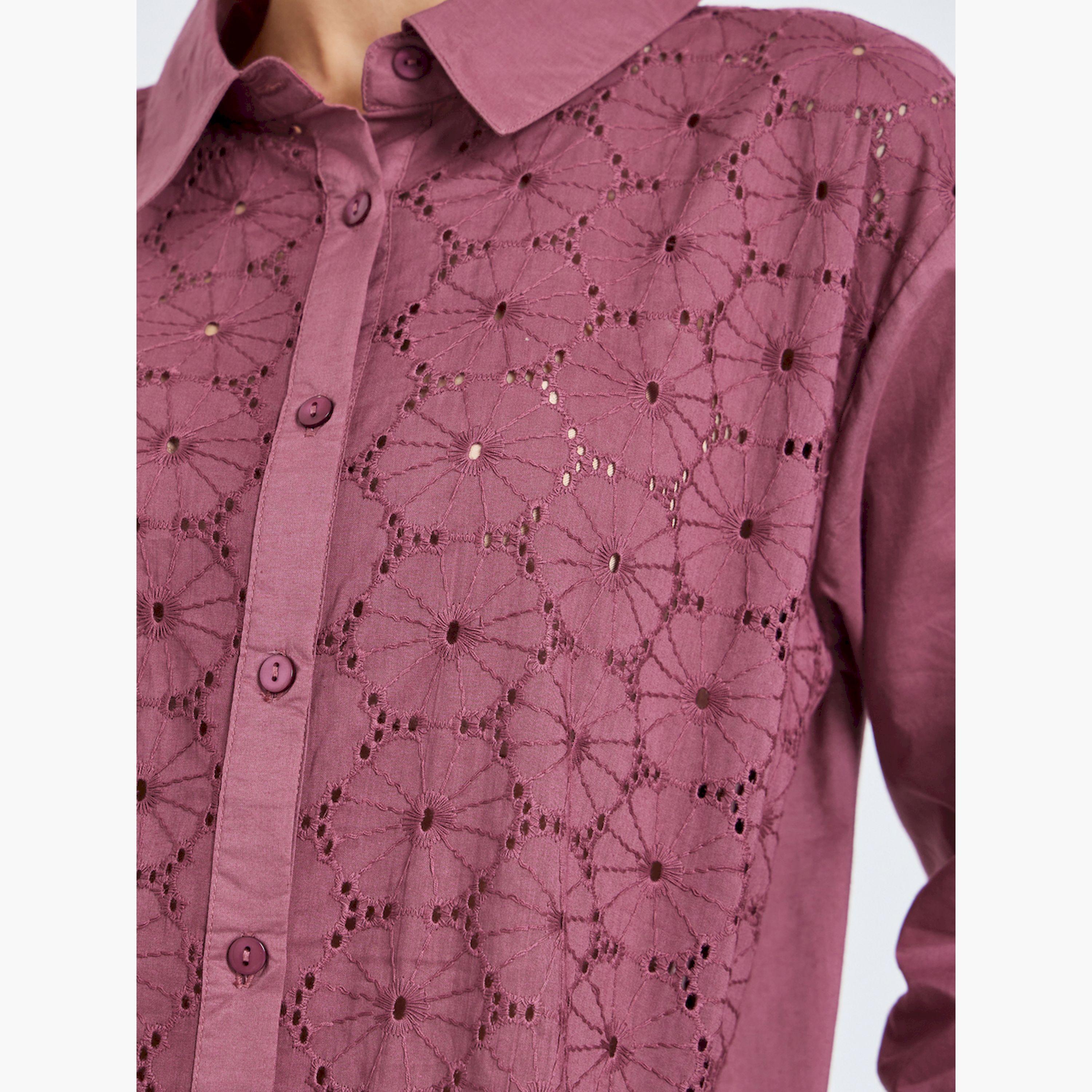 Styli Purple Embroidered Eyelet Cotton Shirt-women-clothing-shirtsandblouses-shirts-image-5