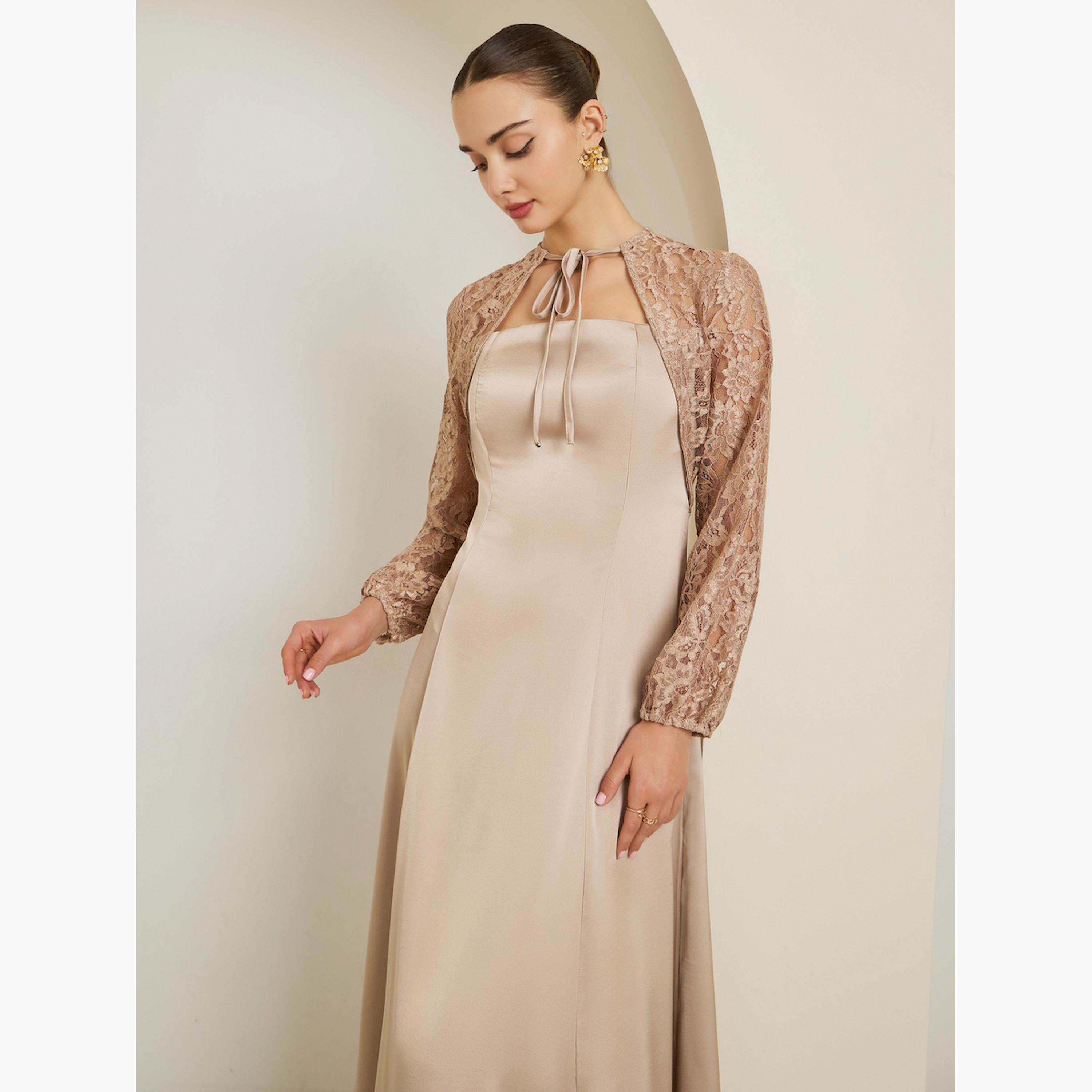 Styli Beige Lace Sleeves A-Line Maxi Dress-women-clothing-dresses-image-2