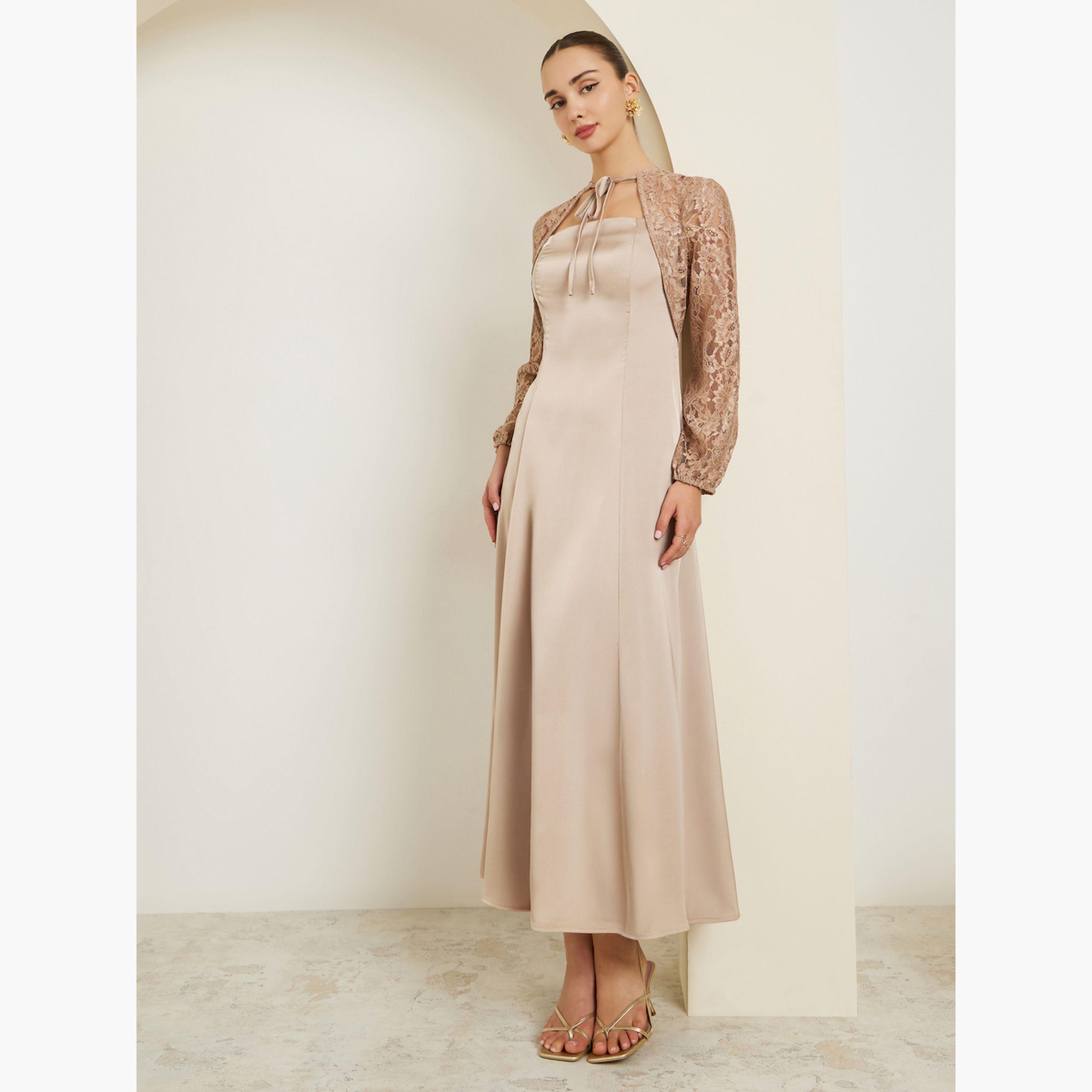 Styli Beige Lace Sleeves A-Line Maxi Dress-women-clothing-dresses-image-3