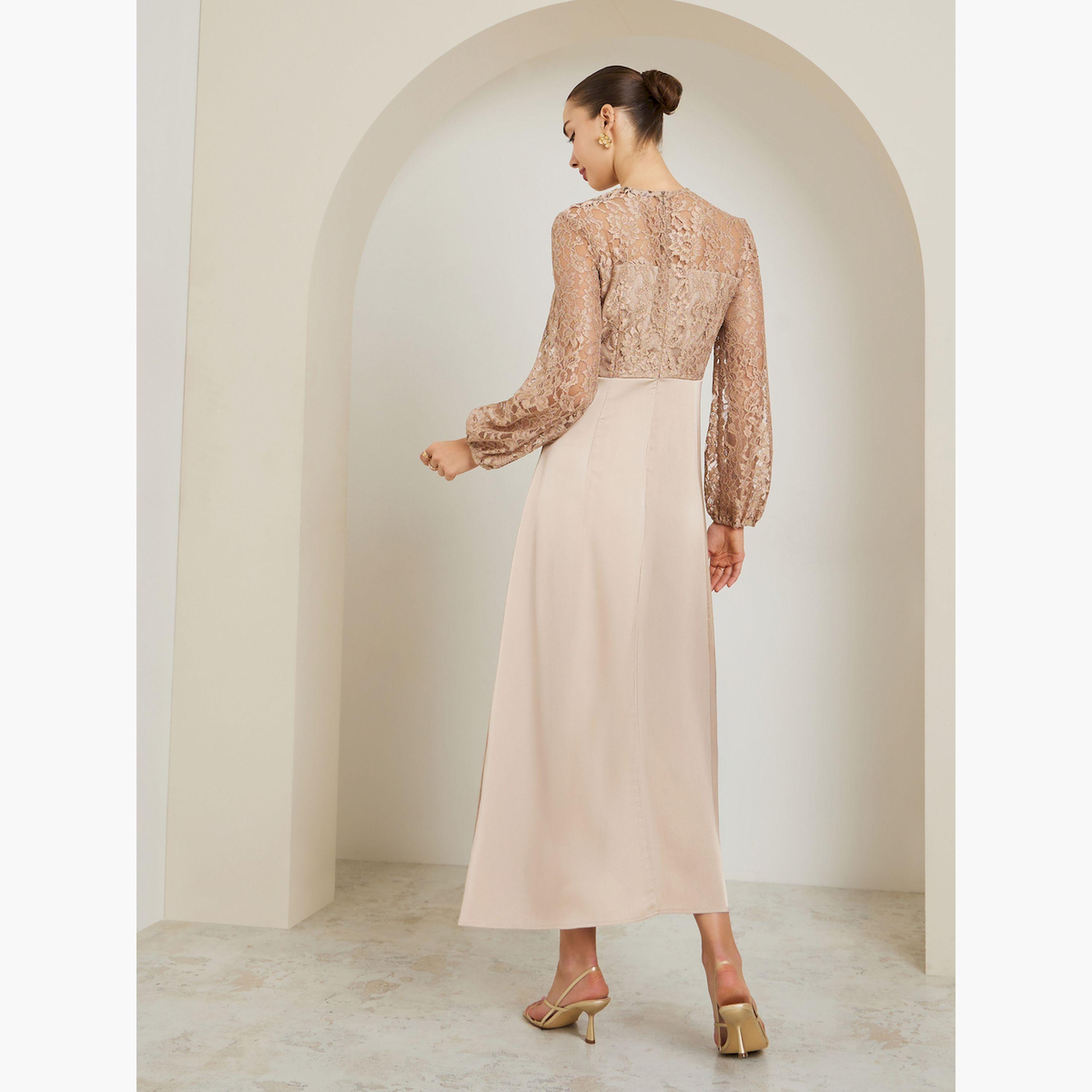 Styli Beige Lace Sleeves A-Line Maxi Dress-women-clothing-dresses-image-4