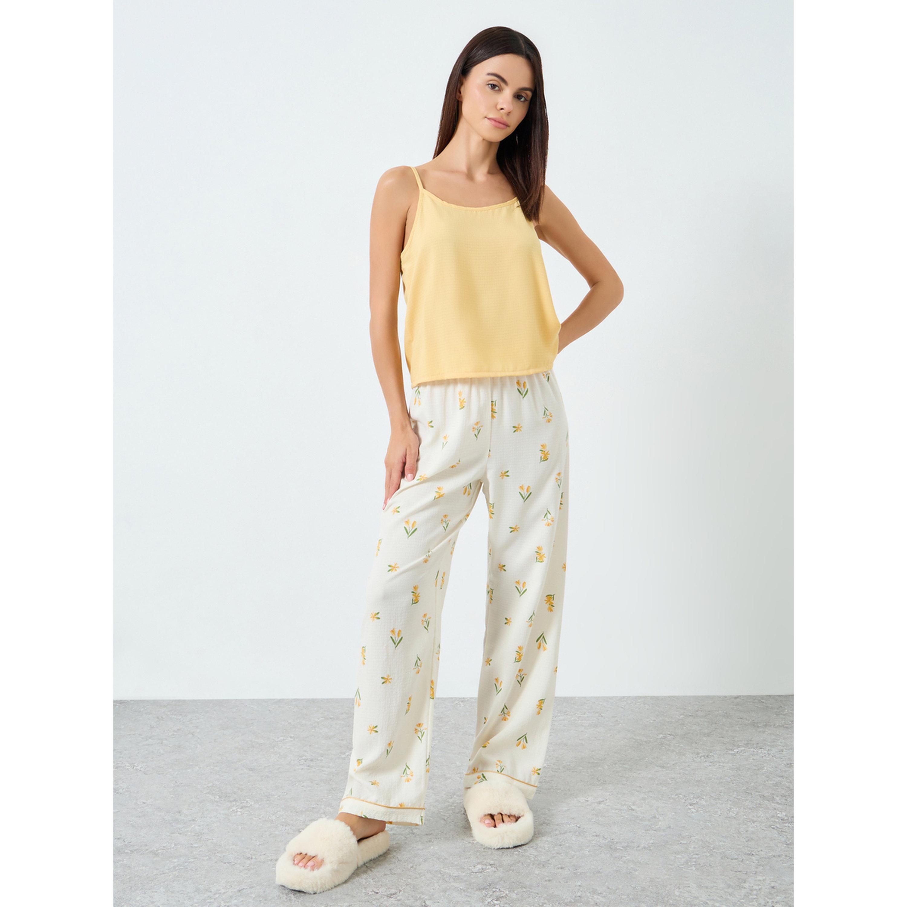 طقم بيجاما مطبوع بزهور مع بلوزة كامي سادة-women-clothing-nightwear-pyjamas-longsets-image-1