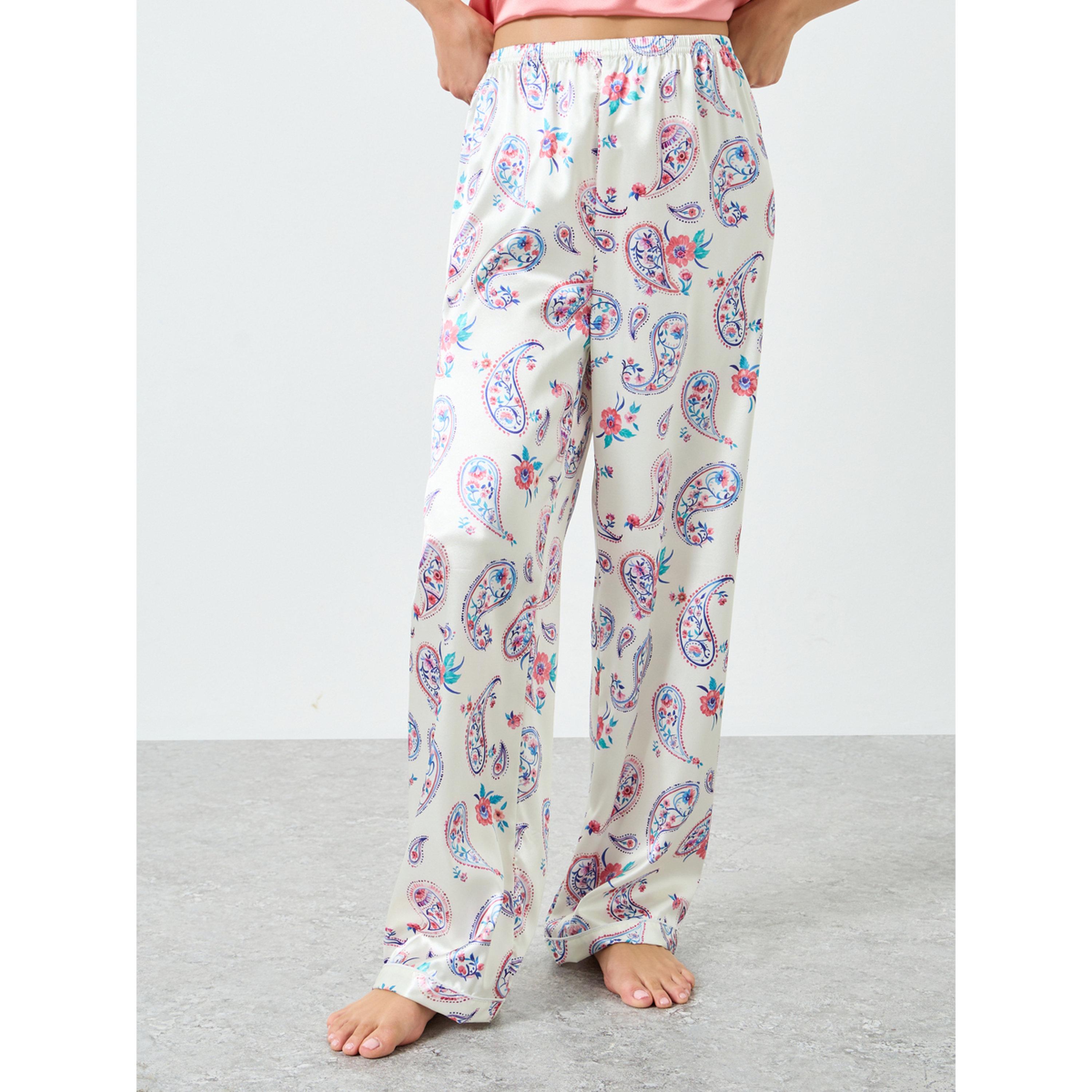 طقم بيجاما مطبوع بزهور مع بلوزة كامي سادة-women-clothing-nightwear-pyjamas-longsets-image-4